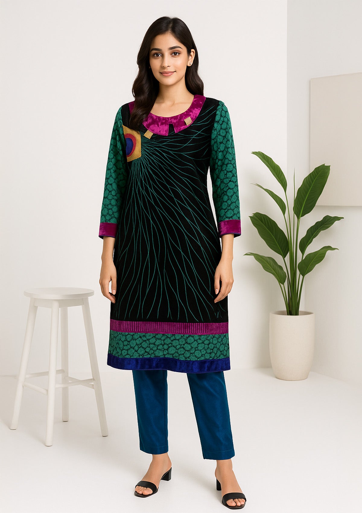 Peacock Inspired Winter Kurti – Velvet Collar & Printed Long Kurti
