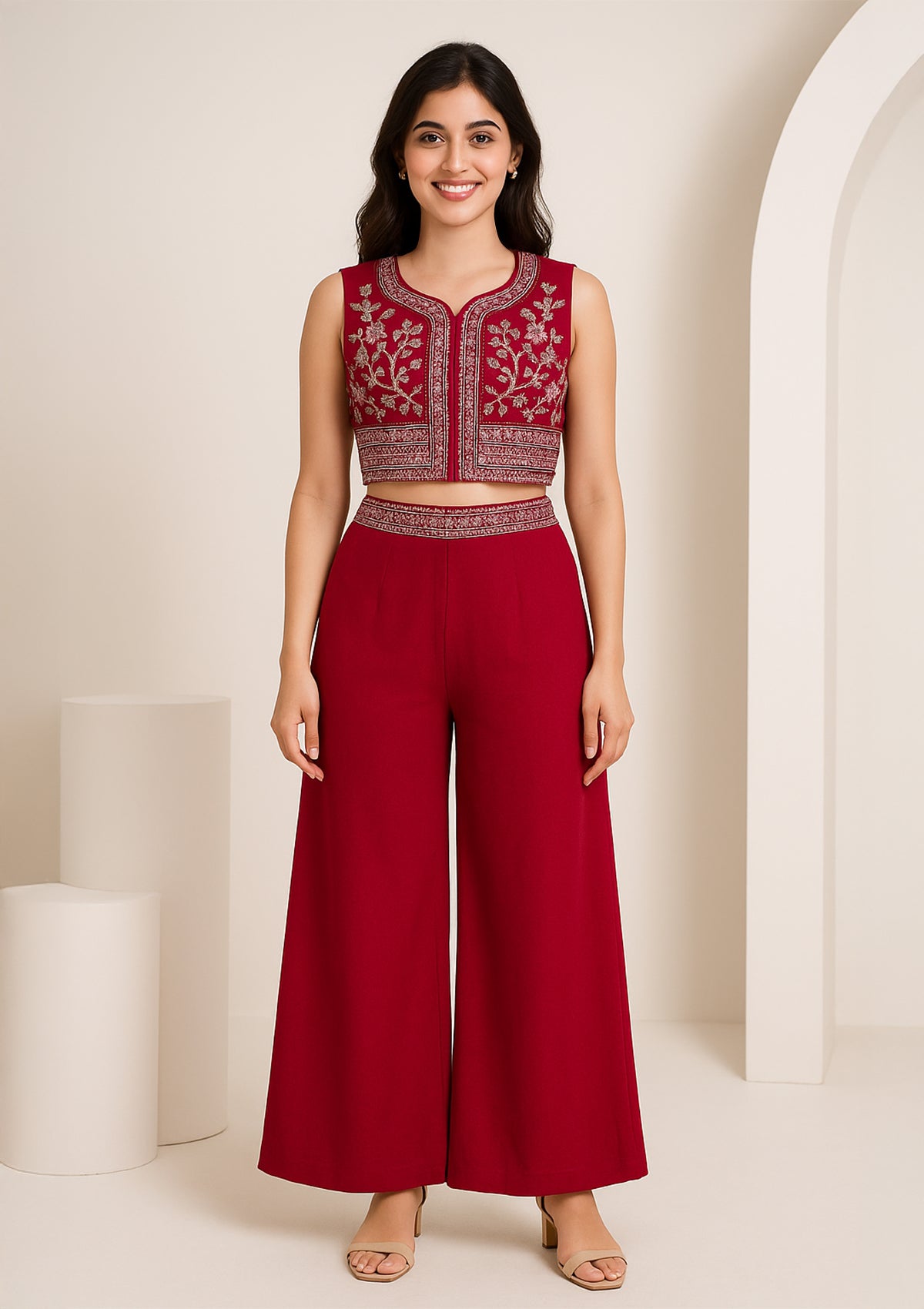 Elegant Maroon Georgette Palazzo Suit with Net Embroidered Jacket