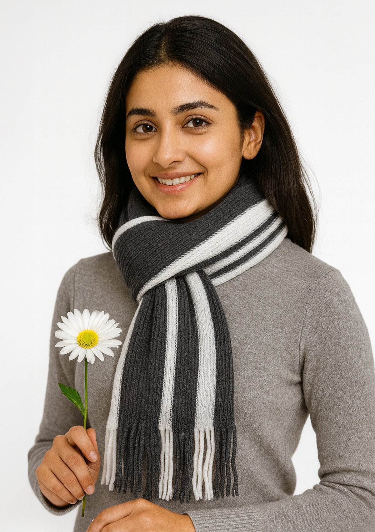 Women’s Grey & White Striped Winter Scarf – Soft Woolen Knit
