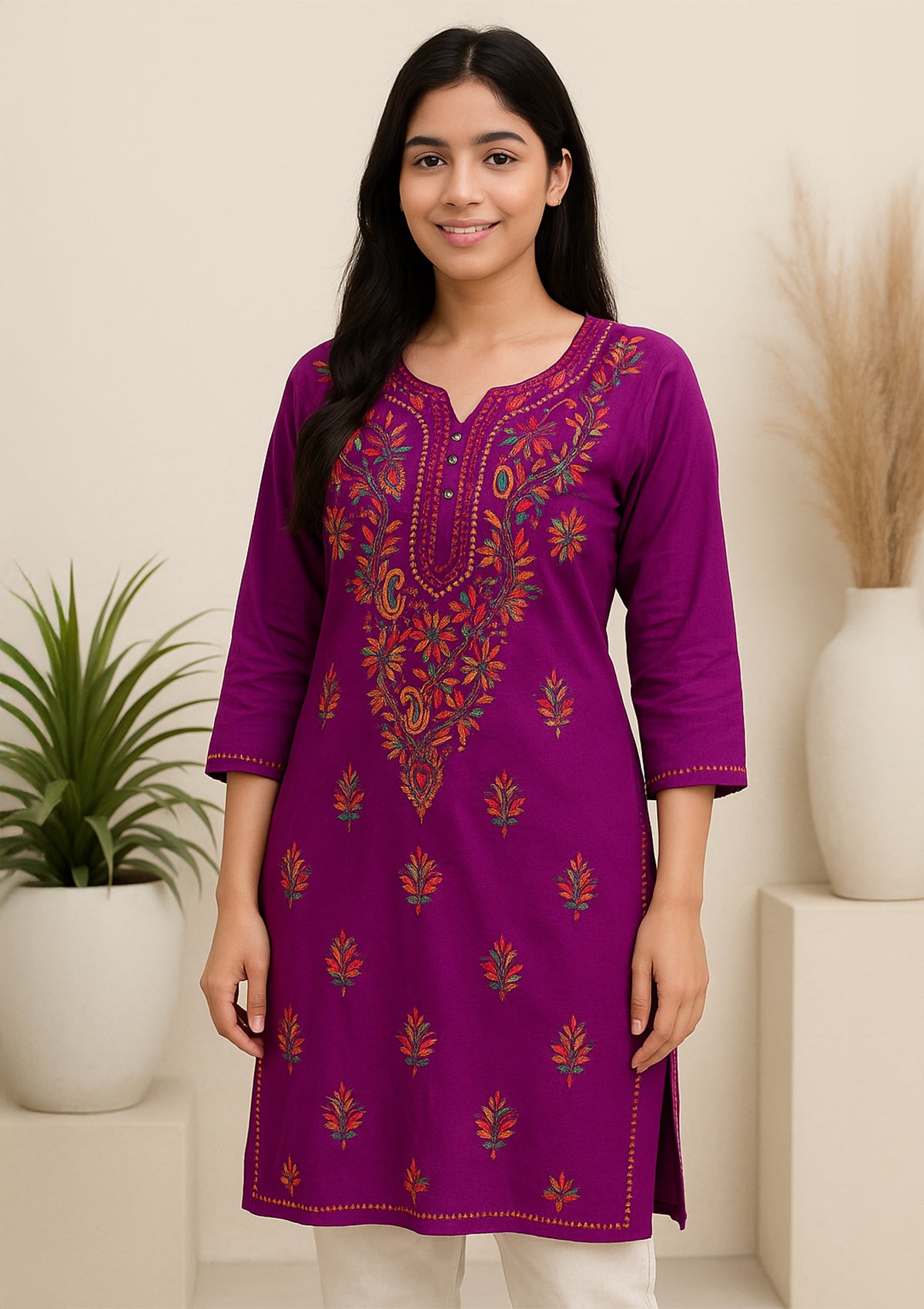 Royal Purple Cotton Embroidered Kurta – Multicolor Floral Motifs