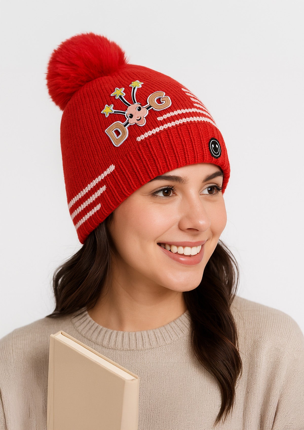 Women’s Very Soft Red Knitted Winter Cap – Cute Dog Patch
