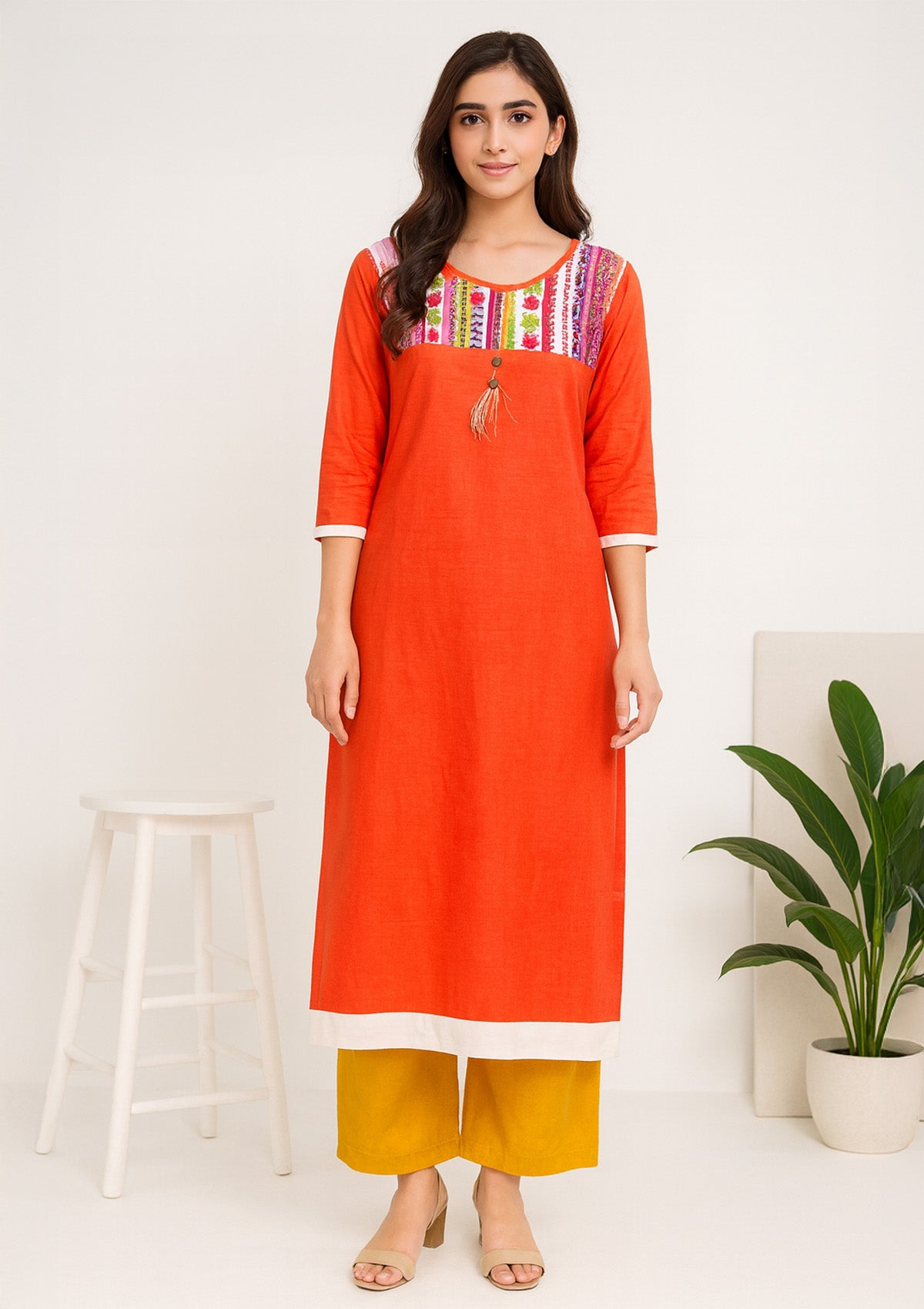 Women Straight Kurti – Bright Orange & Multicolor Embroidered Yoke