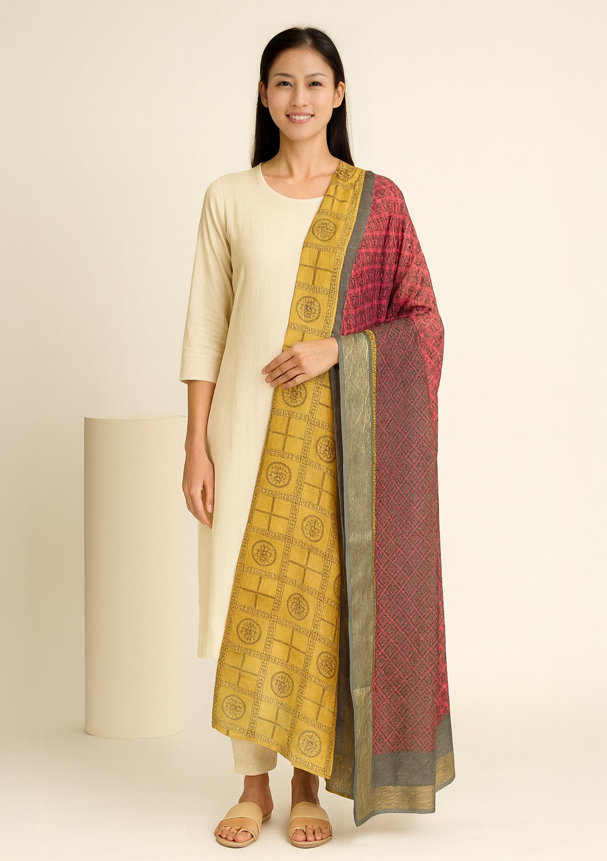 Traditional Yellow and Pink Silk Dupatta with Grey Border