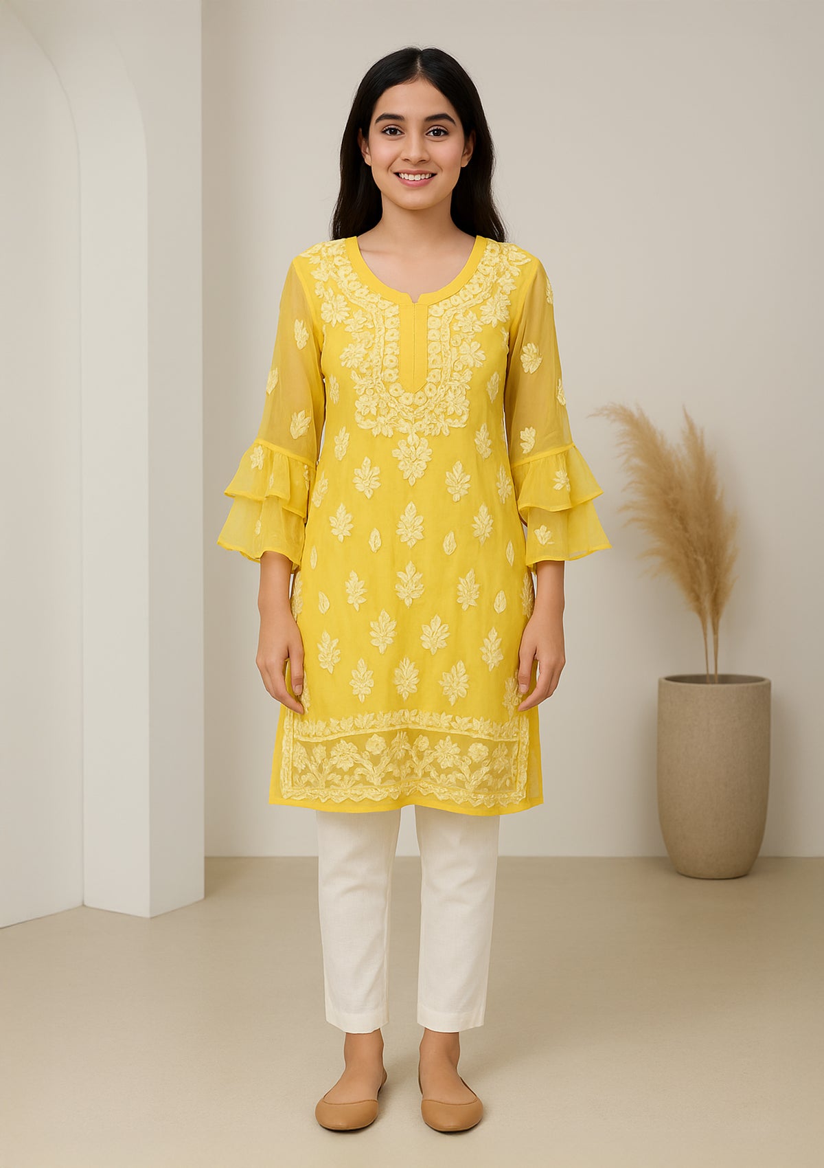 ClothingSutra Georgette Embroidered Kurti – Sheer Elegance & Flared Sleeves 44