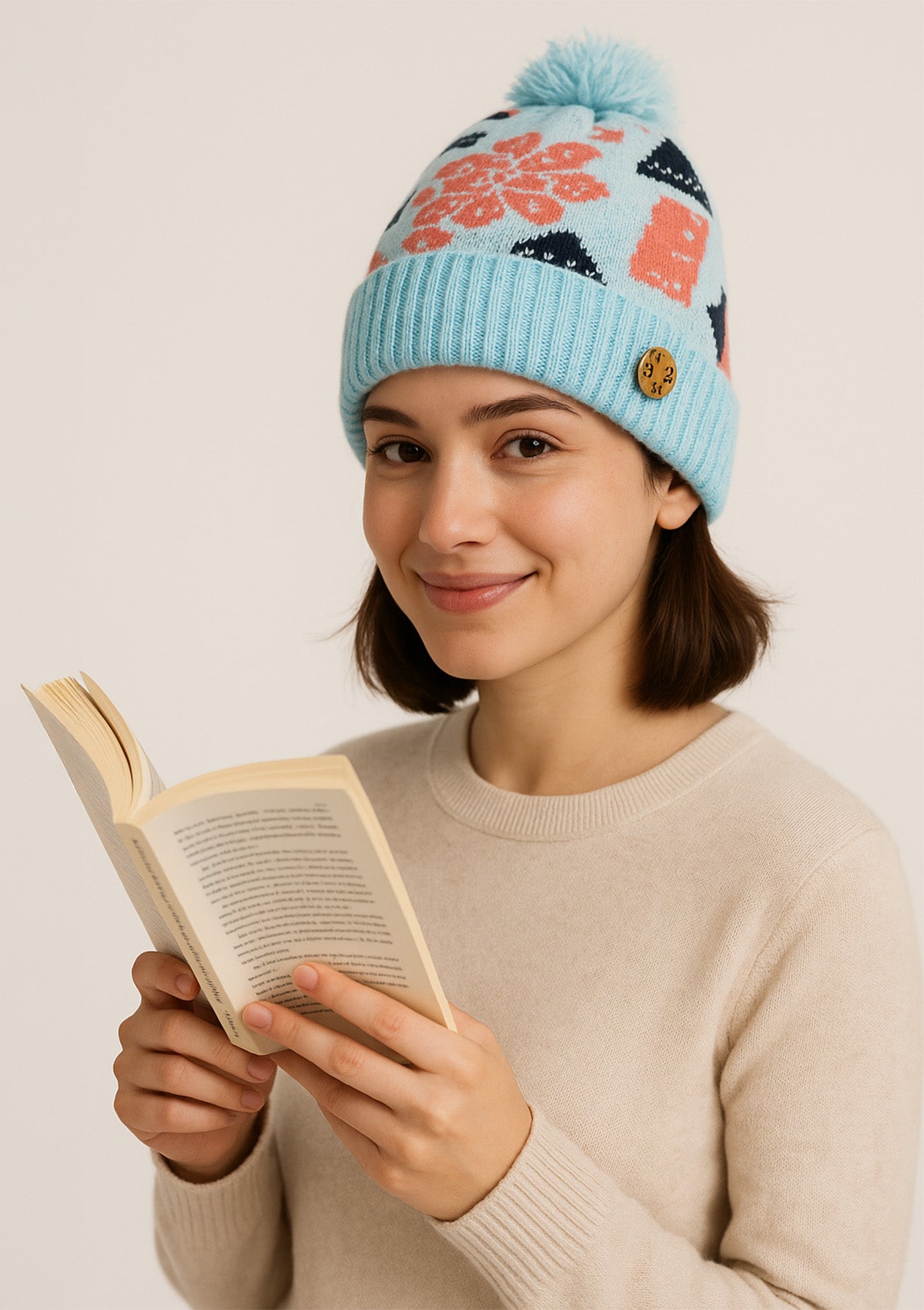 Women’s Blue Floral Woolen Beanie Cap – Embellished Winter Hat