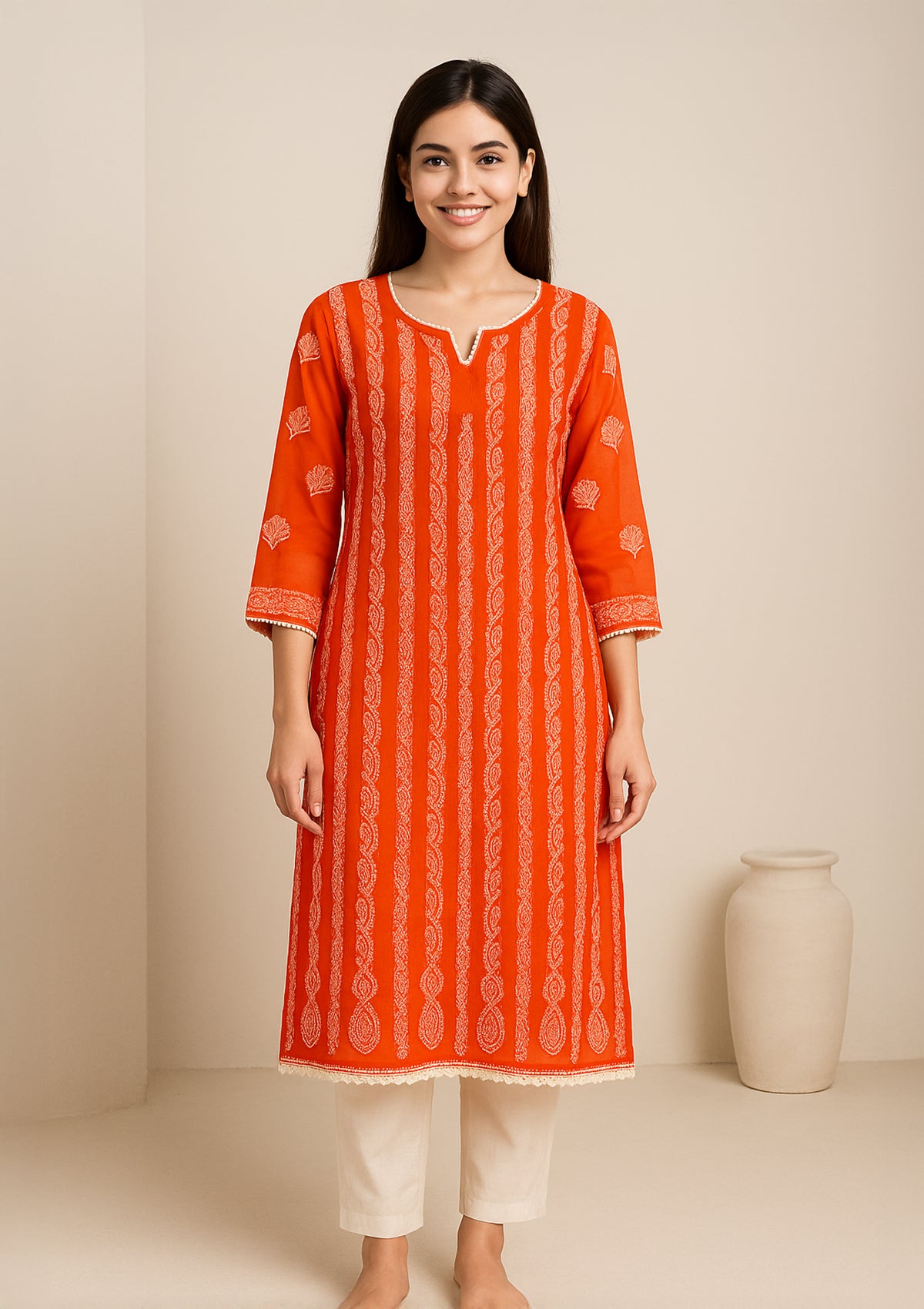 ClothingSutra Bright Orange Georgette Chikankari Kurta – Vertical Paisley Motifs 42