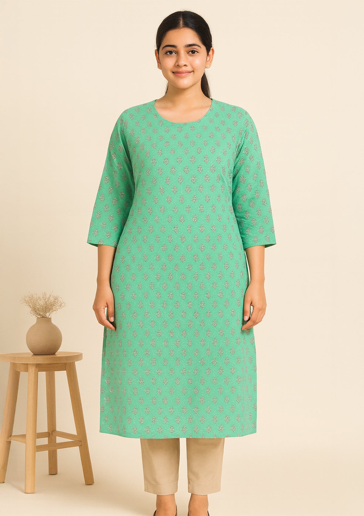 Mint Green Cotton Kurti with Silver Print – Everyday Style