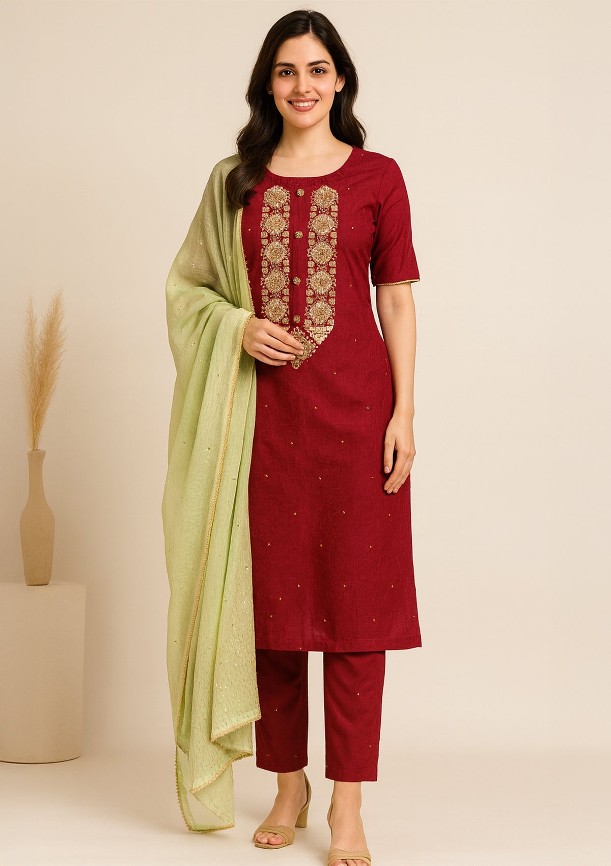 Elegant Maroon Jam Cotton Unstitched Suit with Golden Embroidery