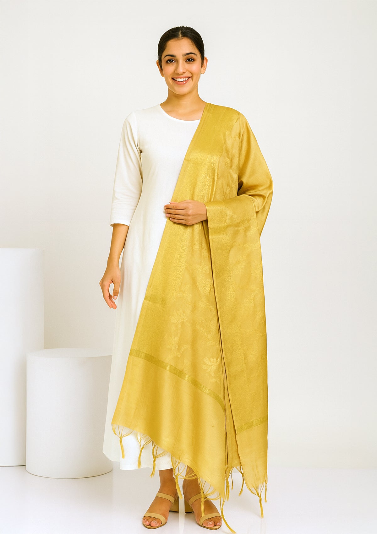 Golden Silk Dupatta with Elegant Floral Woven Design