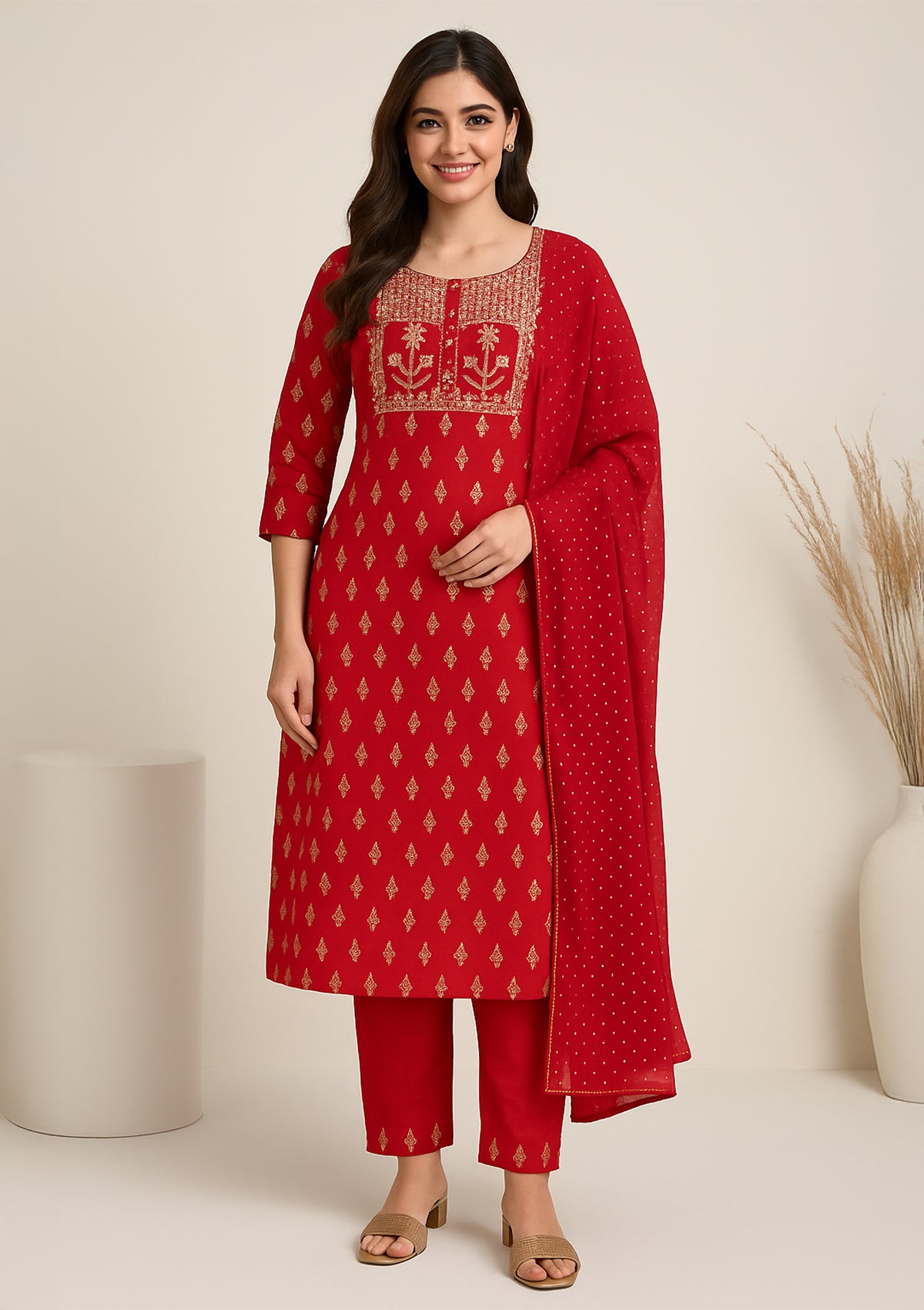 Chanderi Silk Red Suit with Golden Embroidery with Dupatta and Afghani Pant
