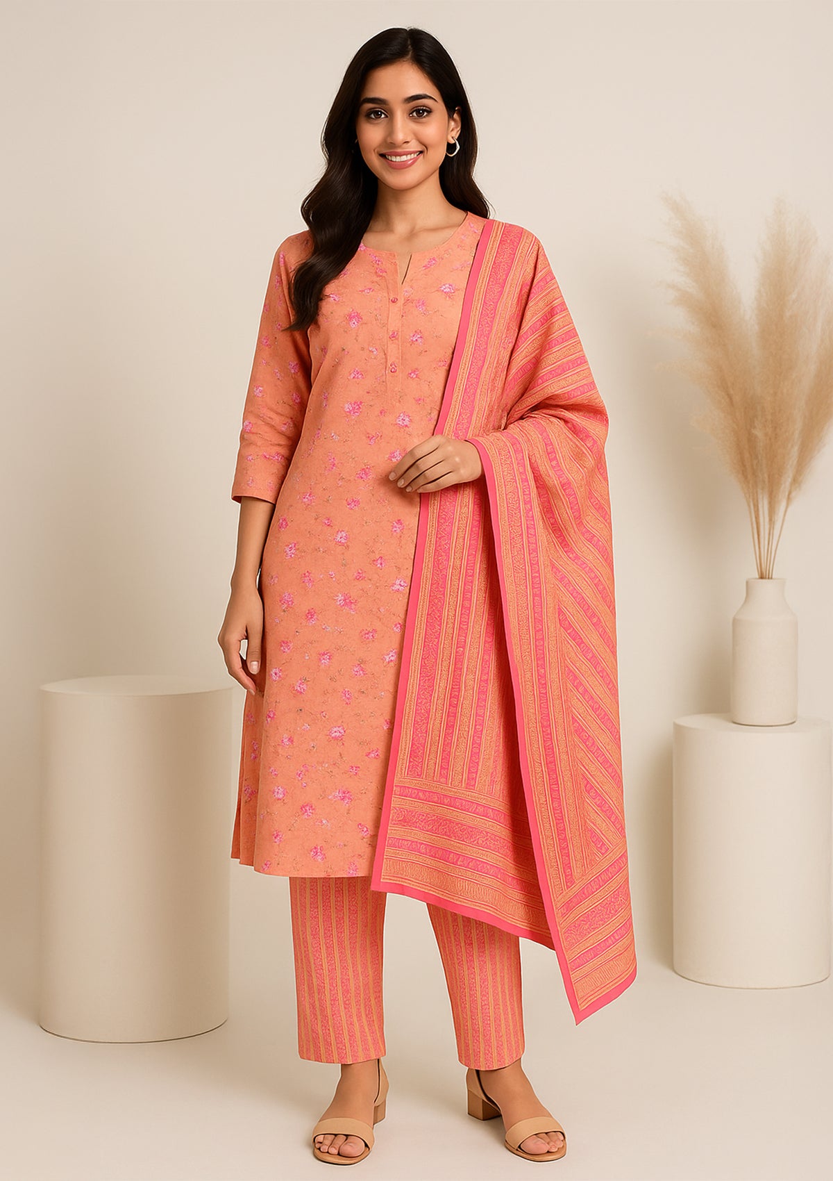 Peach Floral Printed Cotton Stitched Kurti Set with Matching Pants