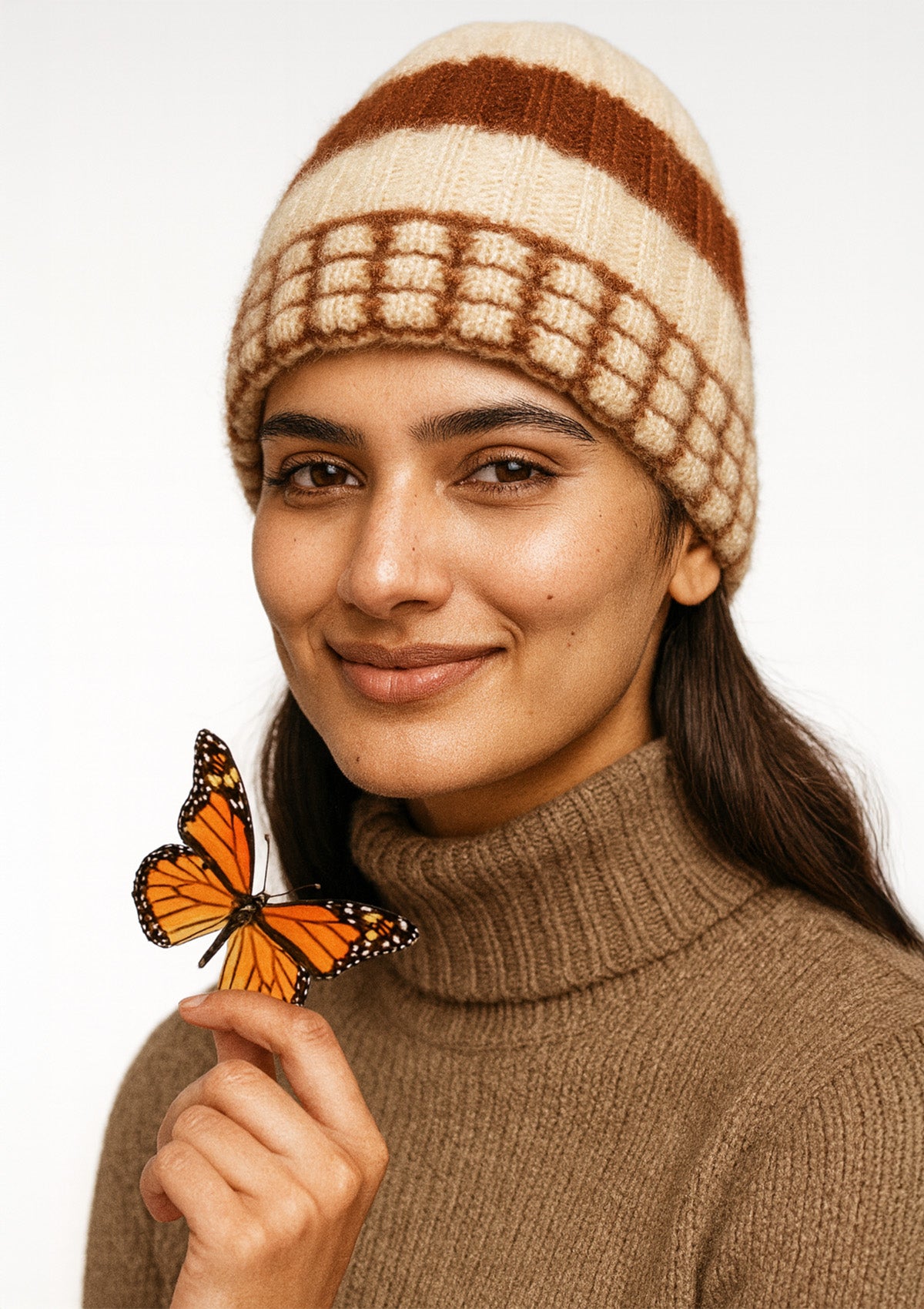 Brown & Cream Woolen Winter Cap – Soft Fuzzy Striped Beanie