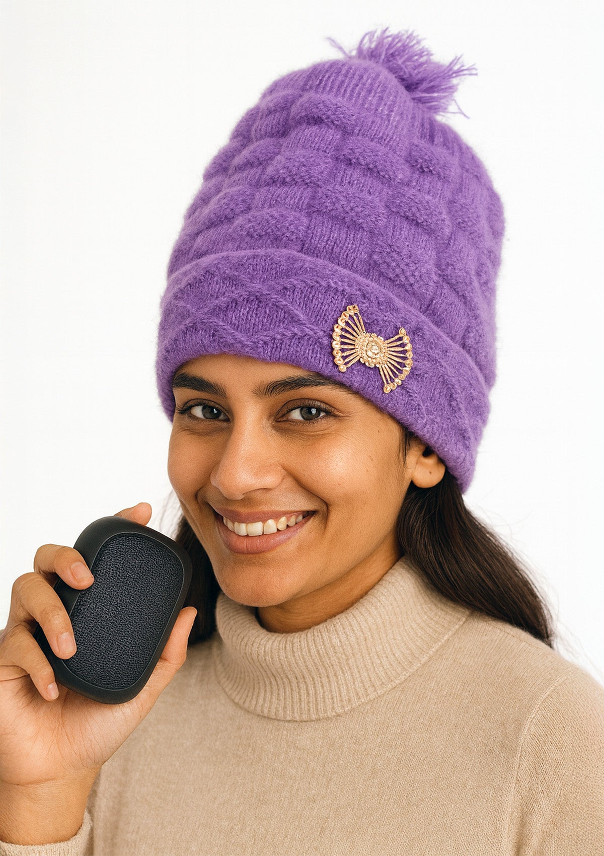 Vibrant Purple Woolen Fur Winter Cap – Soft Chunky Knit Beanie