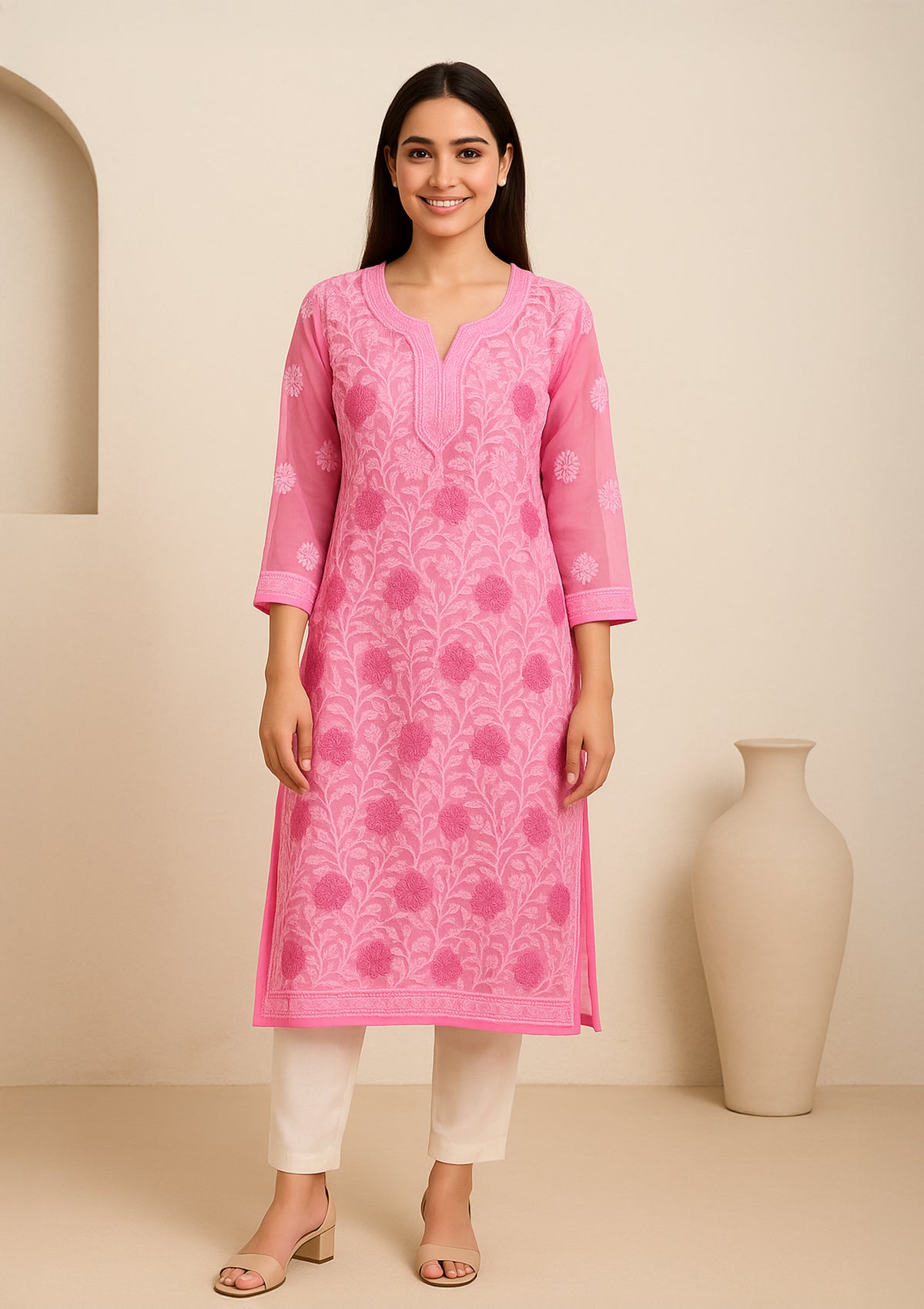 ClothingSutra Pink Georgette Kurti with Intricate Floral Embroidery – Sheer Elegance 42
