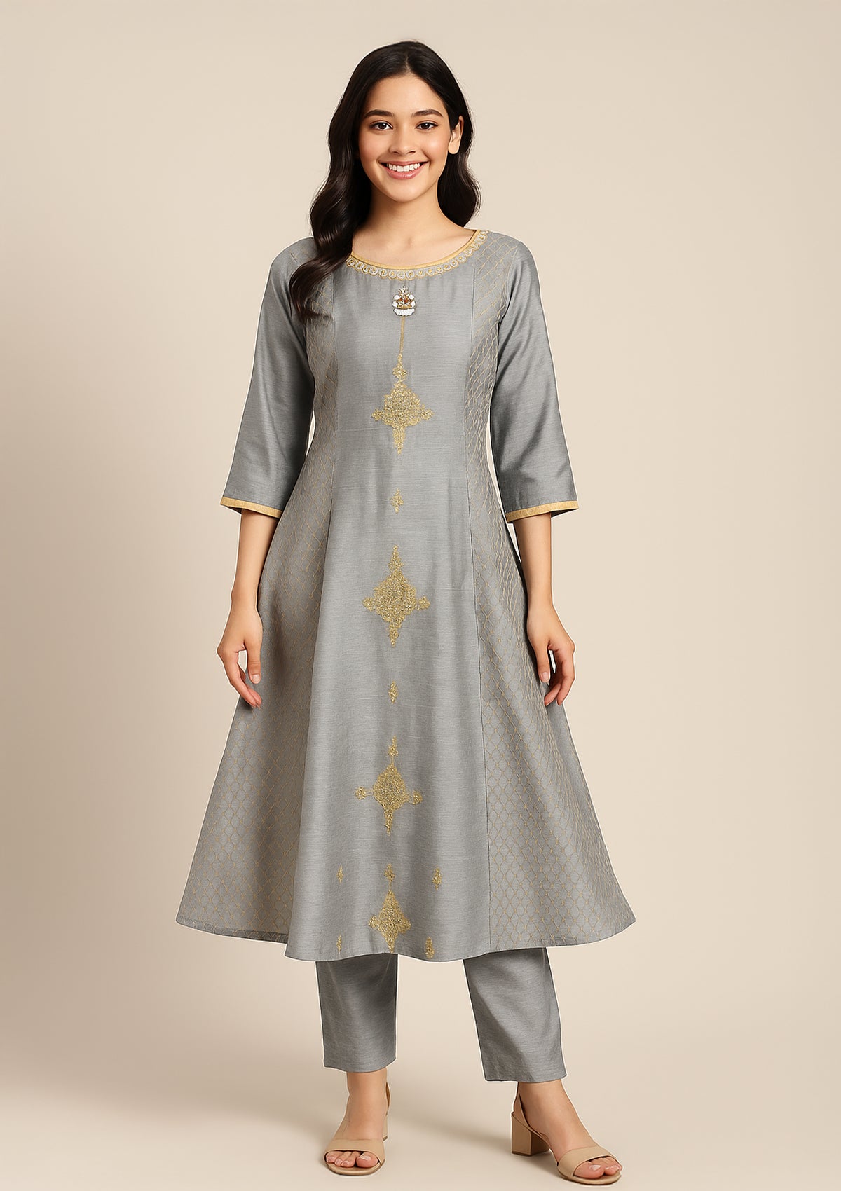 Grey Silk Designer Kurti with Stone & Embroidery Work