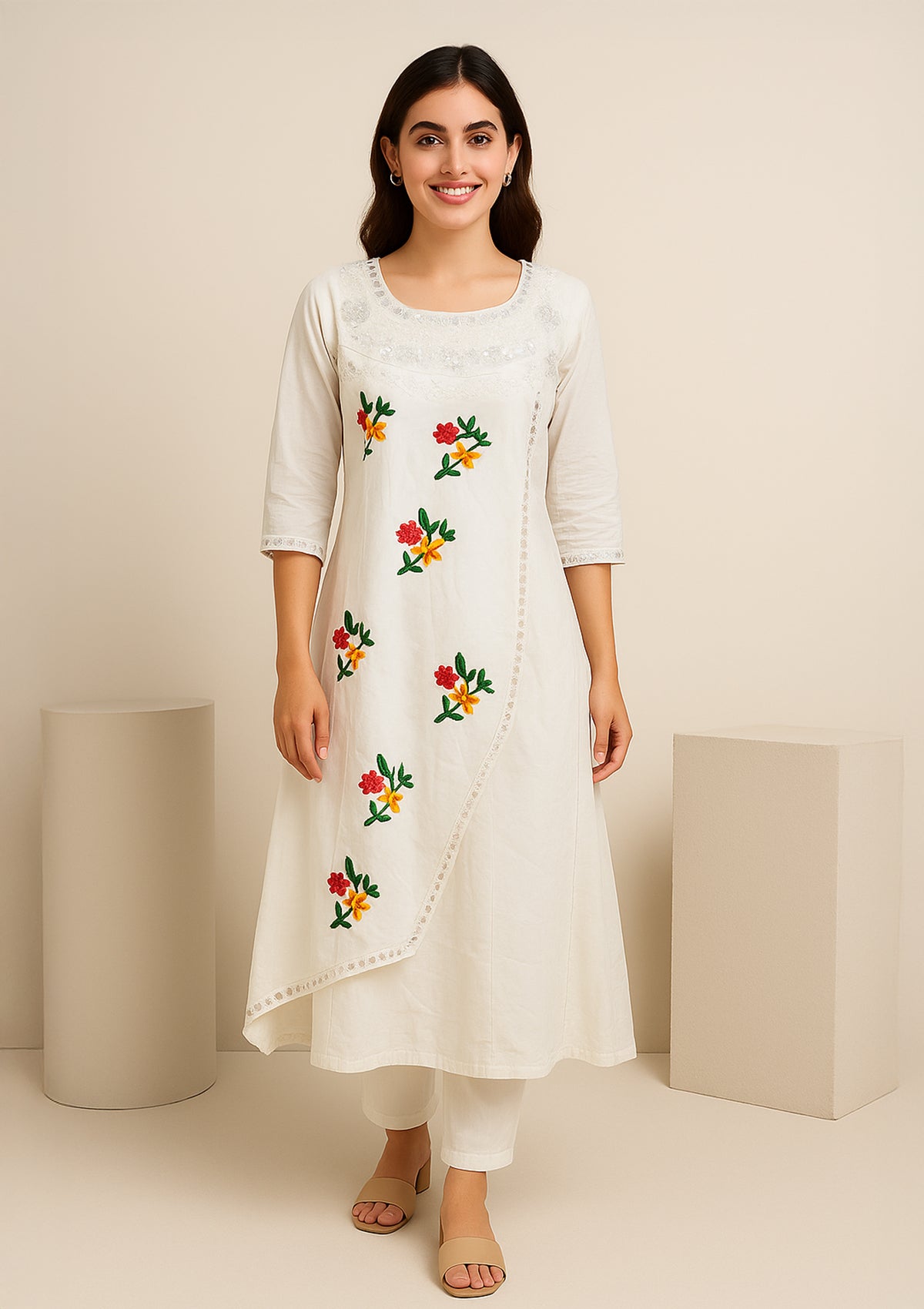White Rayon Embroidered Mirror Work Kurti – Festive & Ethnic Wear