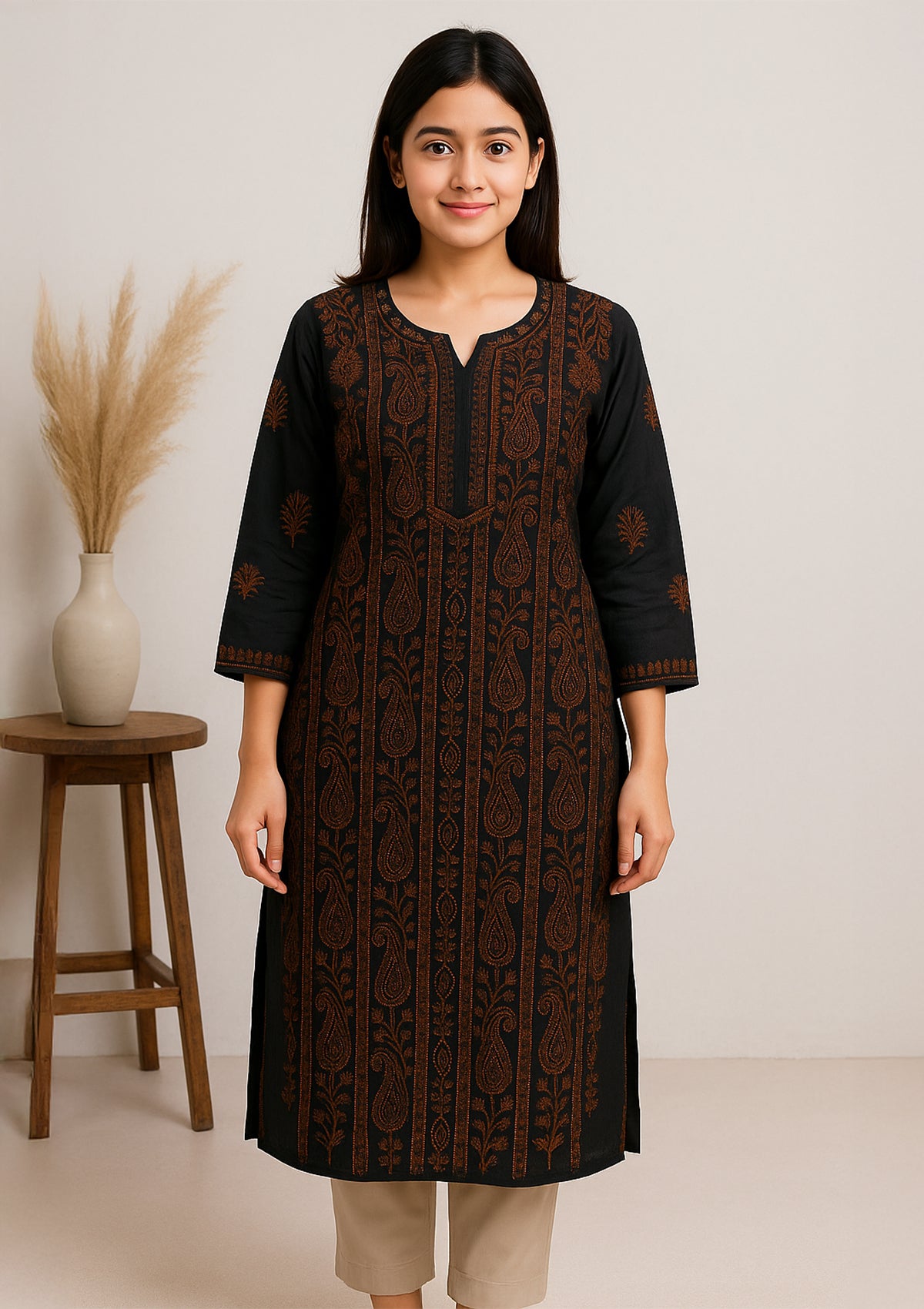 ClothingSutra Black Cotton Embroidered Kurti – Elegant Paisley Design 40
