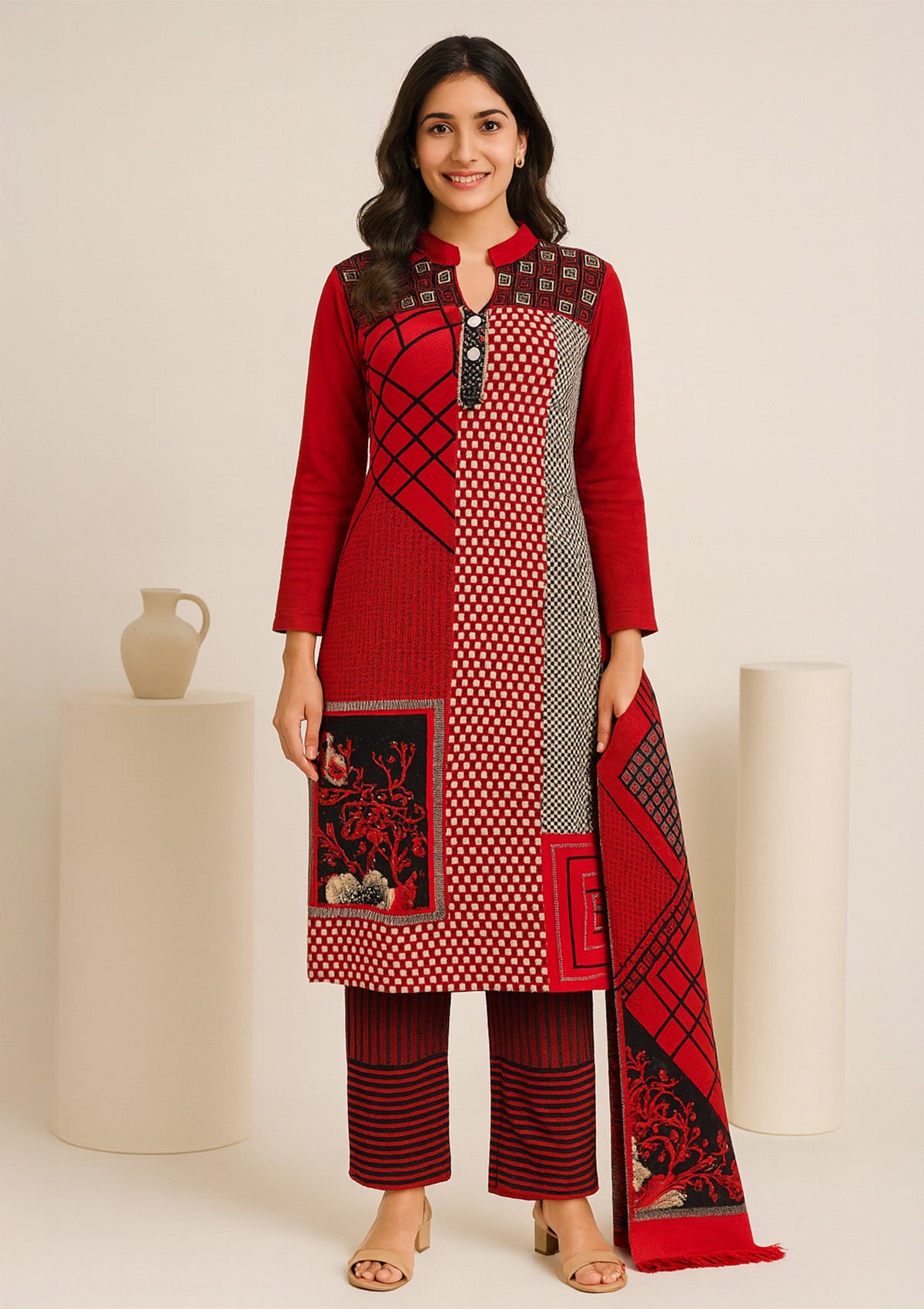 Designer Woollen Suit in Red & Black – Stylish Winter Wear
