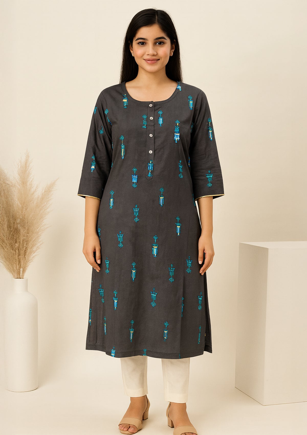 Charcoal Grey Cotton Kurti with Blue Print – Minimalist Style