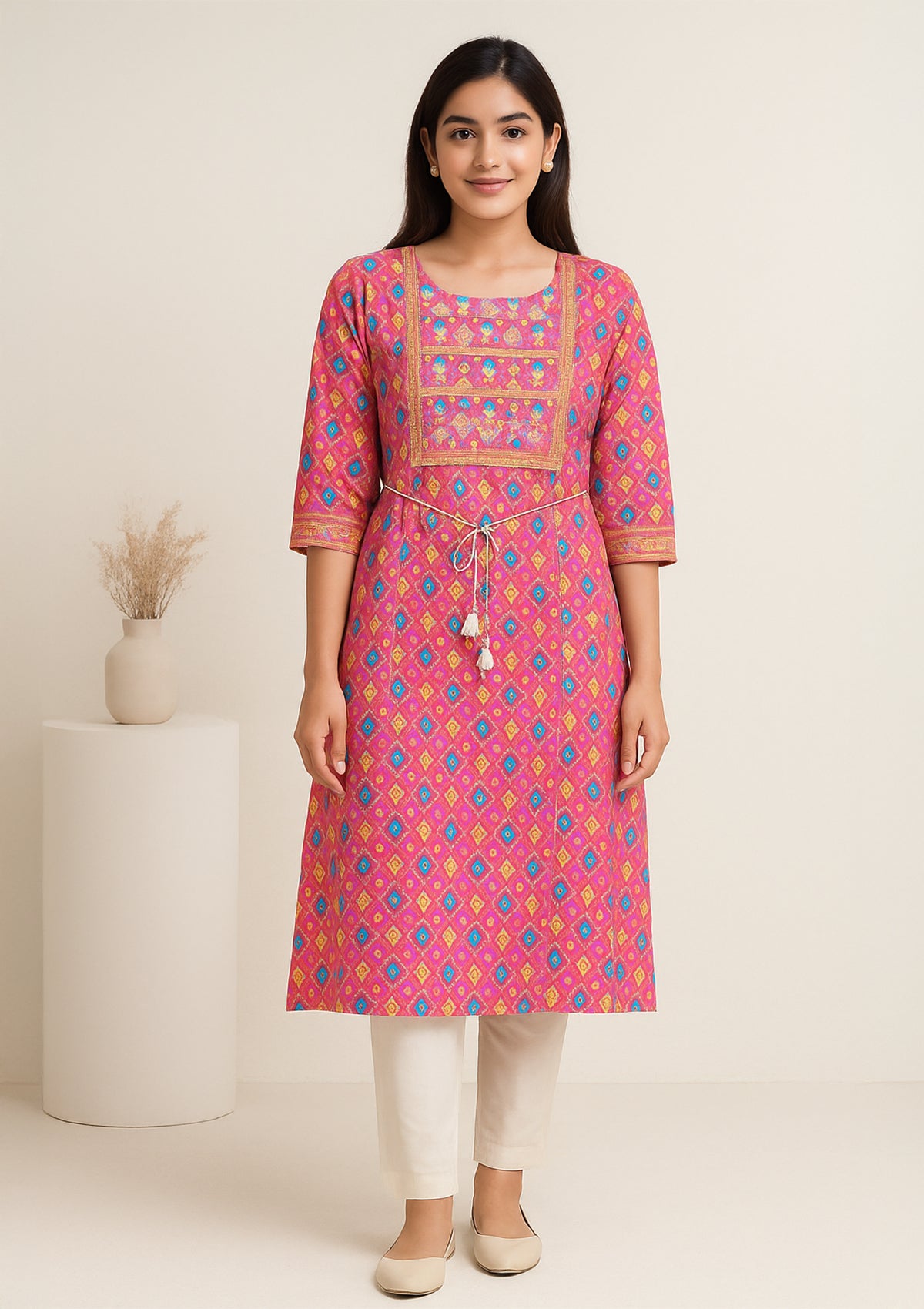Pink Printed Cotton Kurti with Golden & White Embroidery