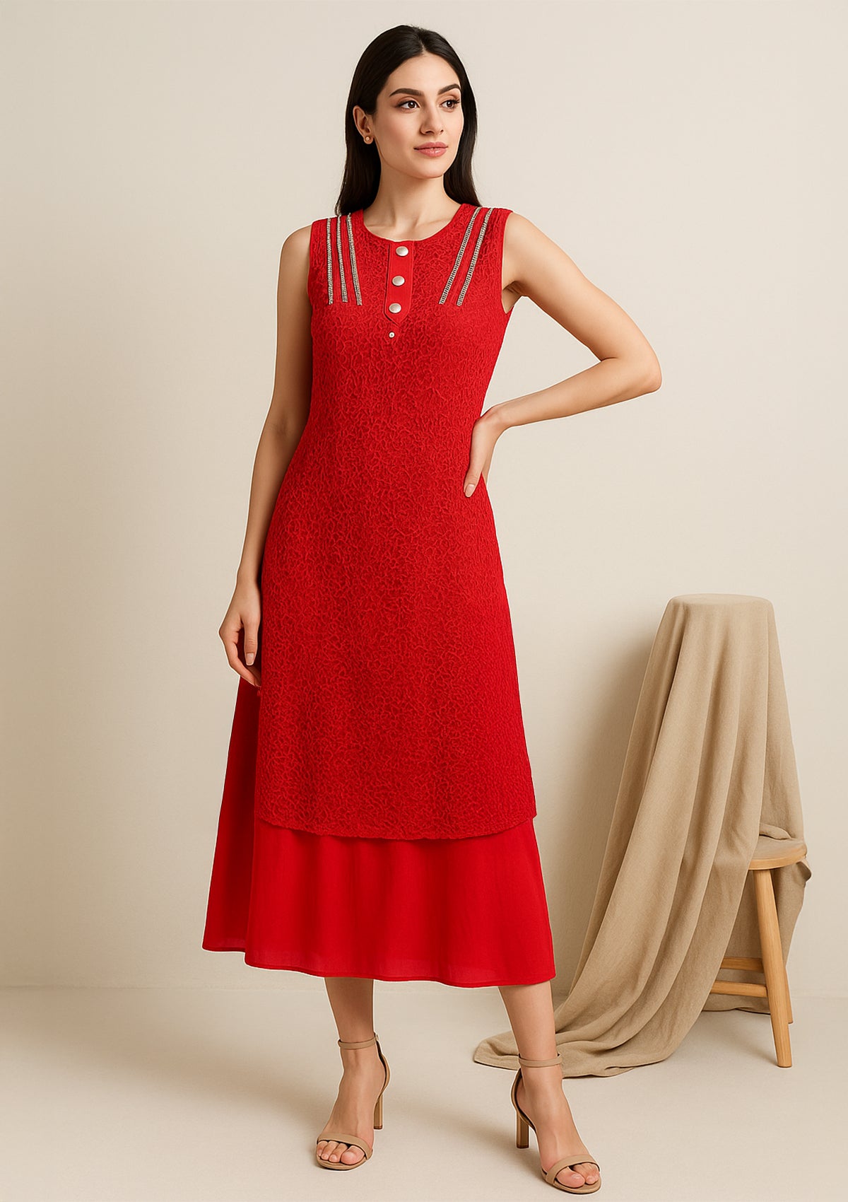 Women’s Red Net Midi Dress – Sleeveless Designer Party Gown