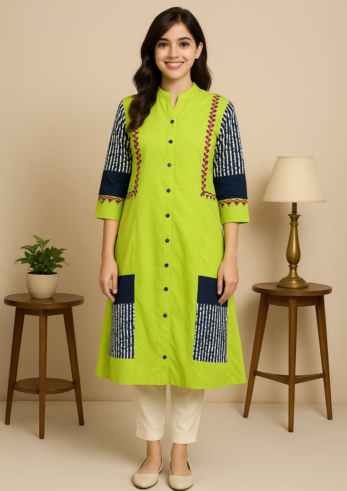 Lime Green Rayon Kurti with Printed Blue Accents & Pink Embroidery