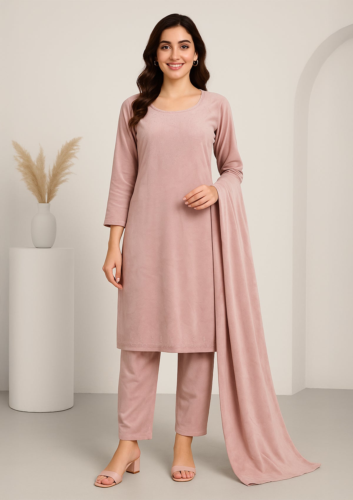 Dusty Pink Velvet Suit with Elegant Stone Work - Winter Wear