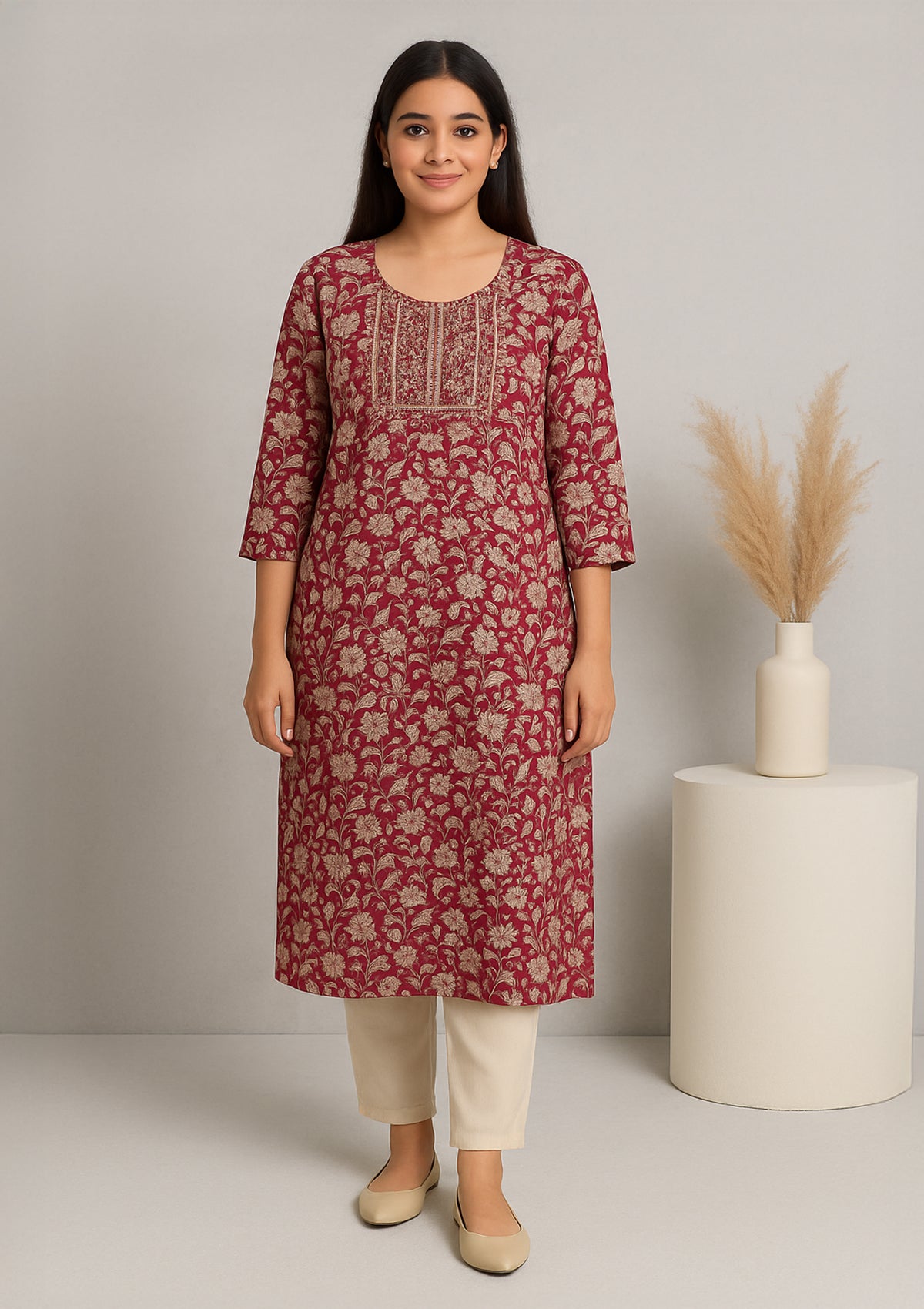 Maroon Printed Cotton Kurti with Golden Embroidery