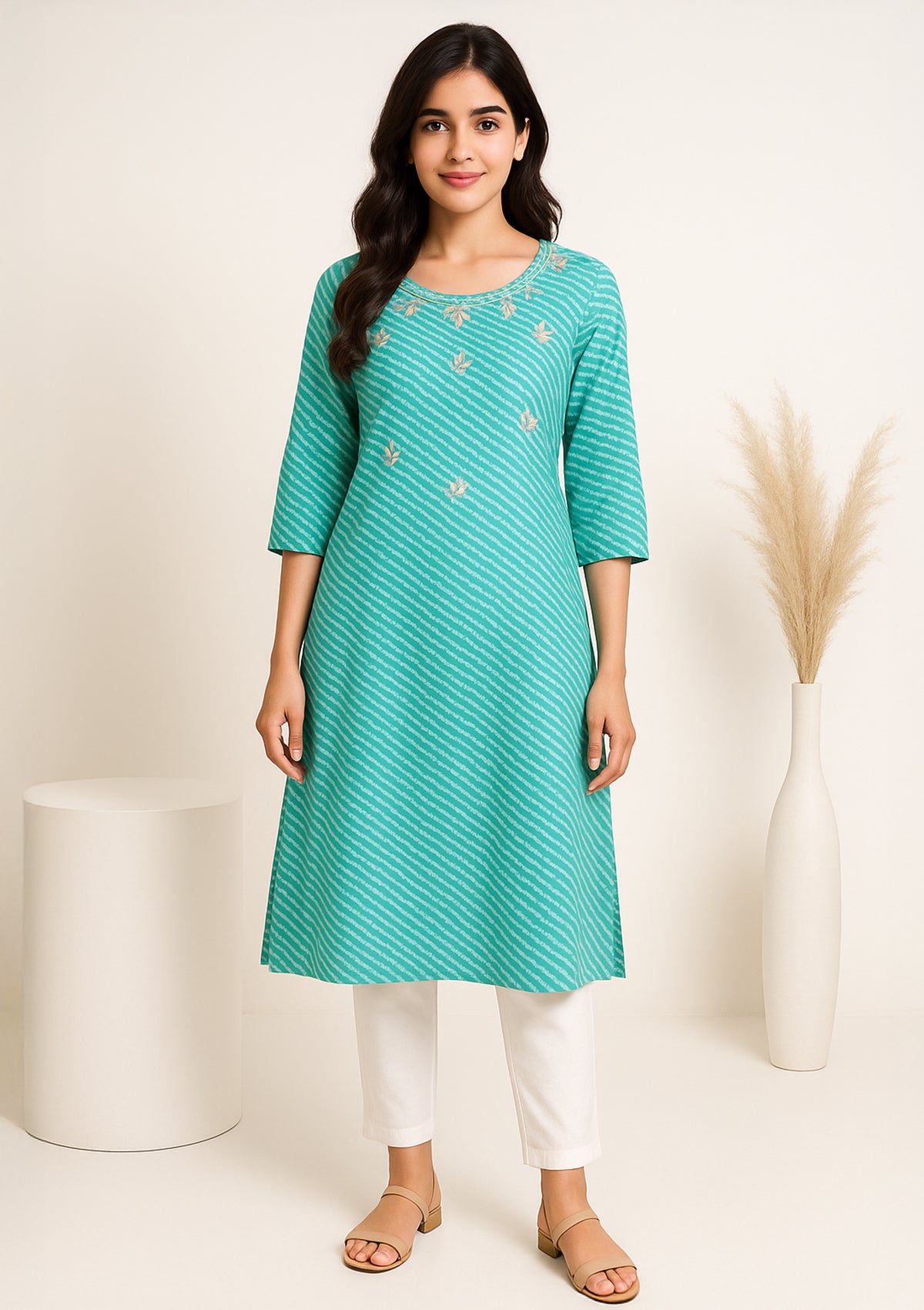 Green Cotton Kurti with Minimal Gota Patti Neck Detailing