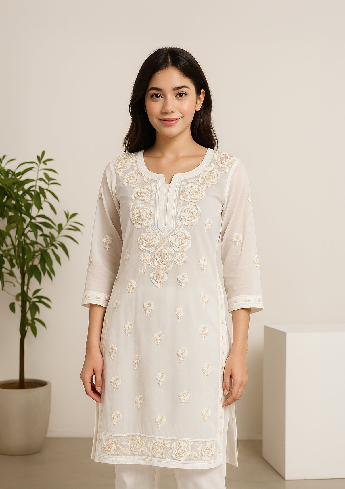 ClothingSutra White Georgette Kurti with Gota Patti Embroidery – Elegant Festive Wear