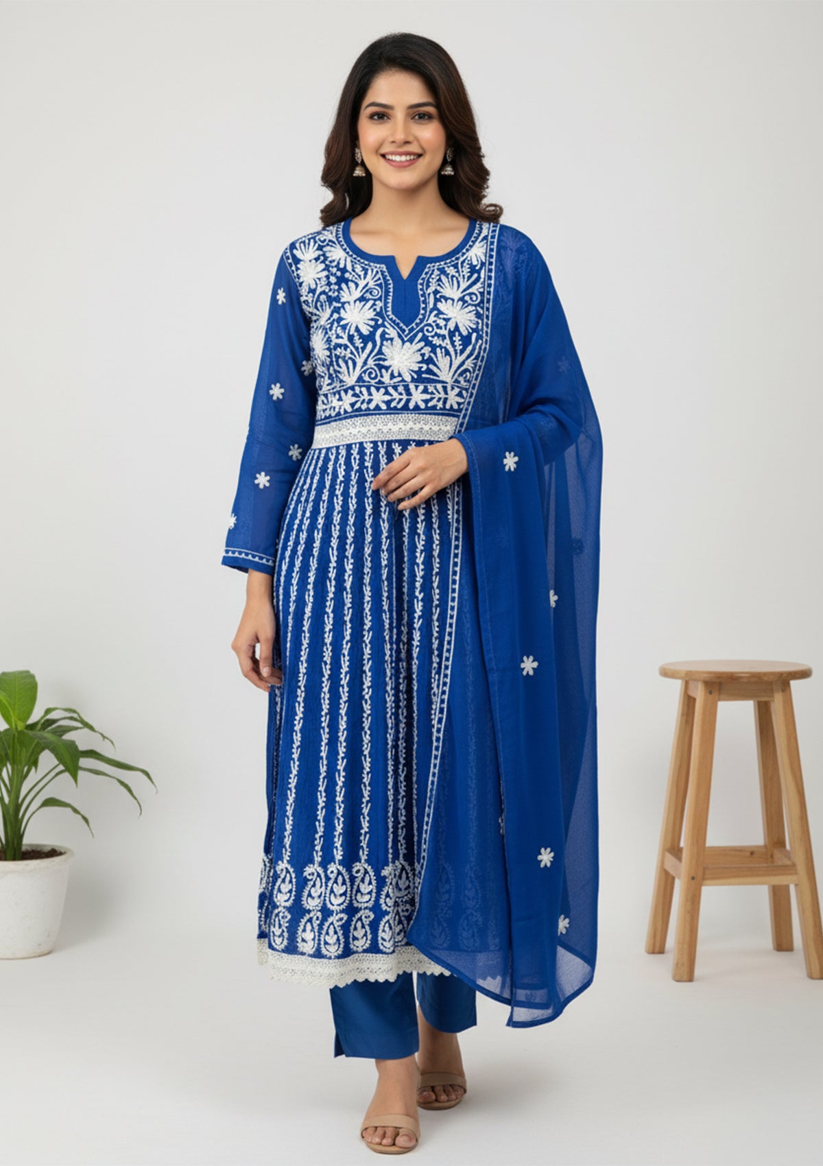 Royal Blue Georgette Kurti with Dupatta & Intricate Embroidery