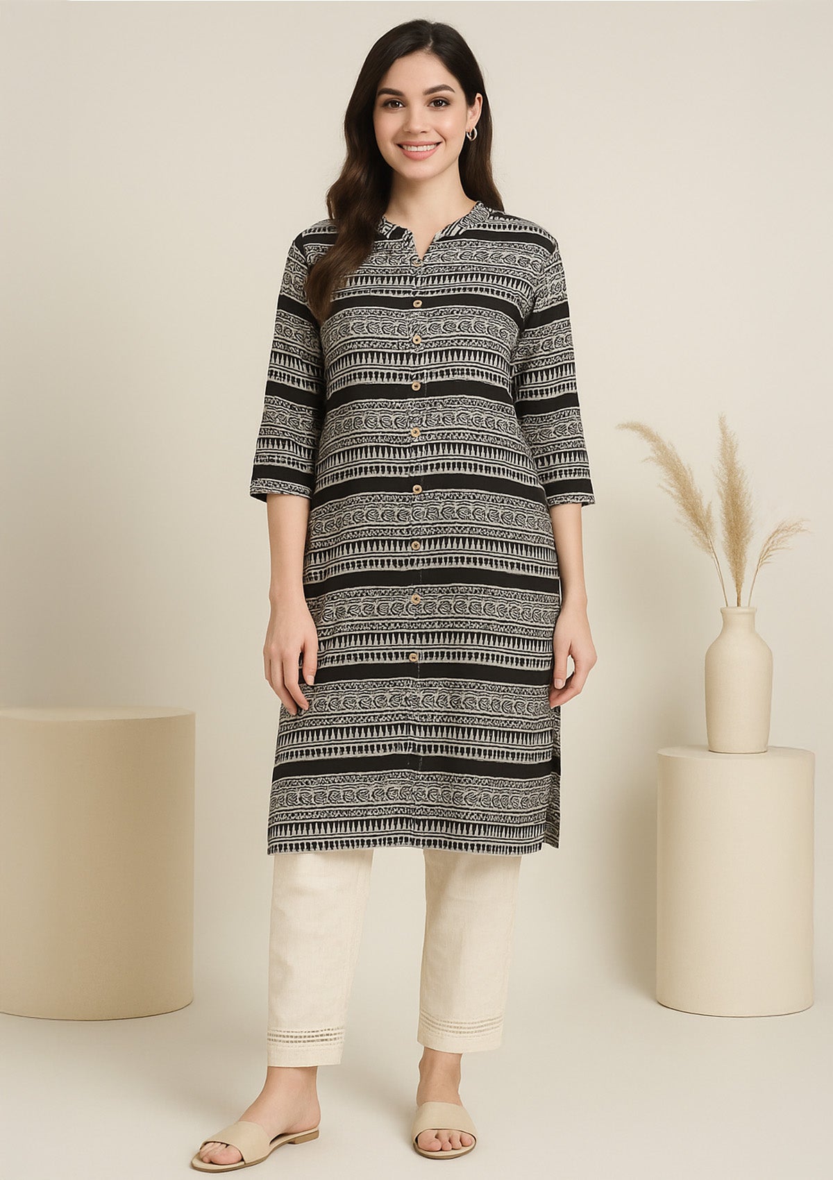 Brown and White Tribal Printed Cotton Kurti with Wooden Buttons