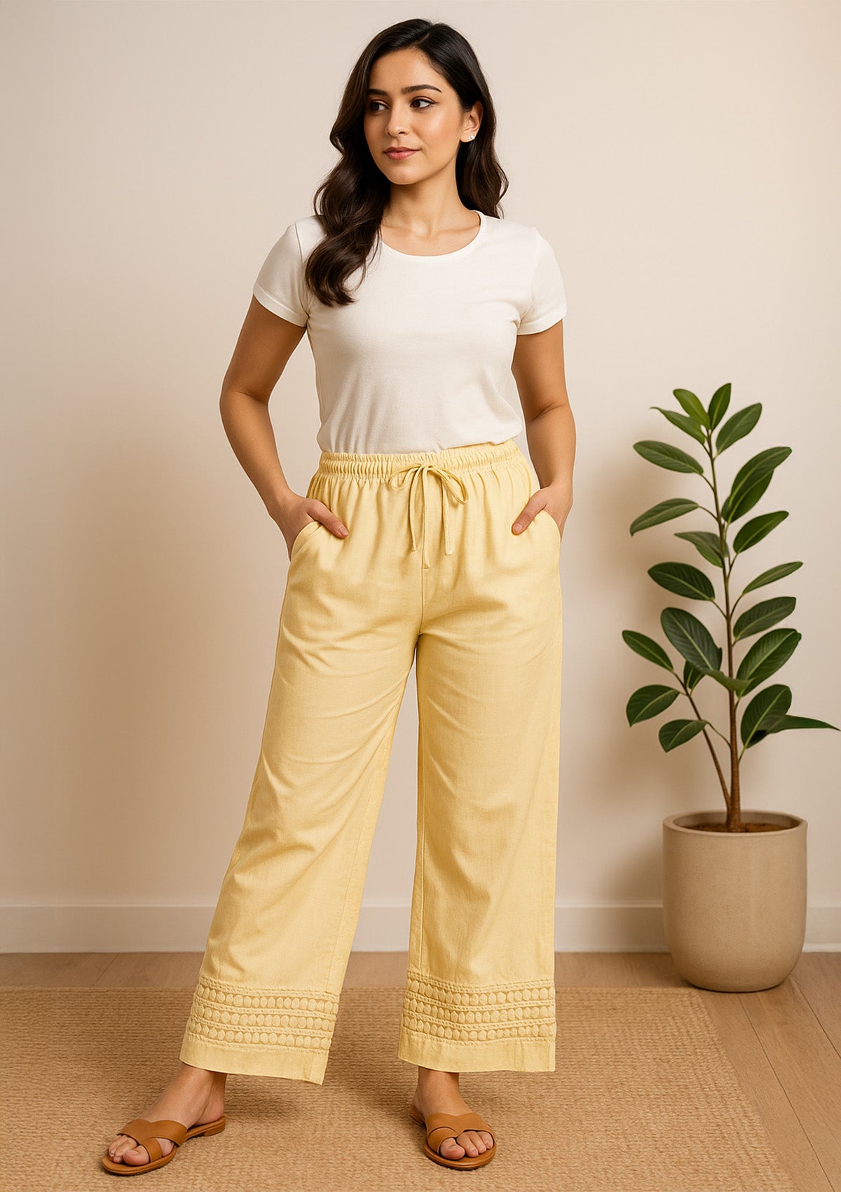 Yellow Beige Rayon Palazzo Pants – Smocked Hem Straight Fit