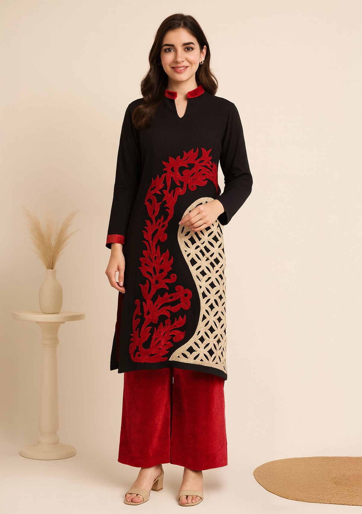 Woollen & Velvet Black-Red Suit Set – Designer Winter Wear