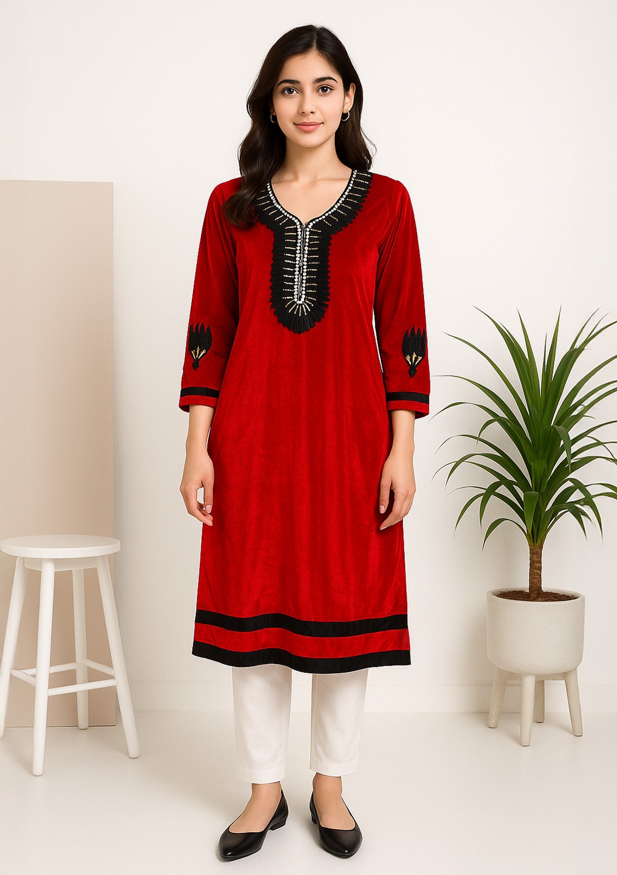 Red Velvet Embellished Kurti – Deep V Yoke & Bead Work