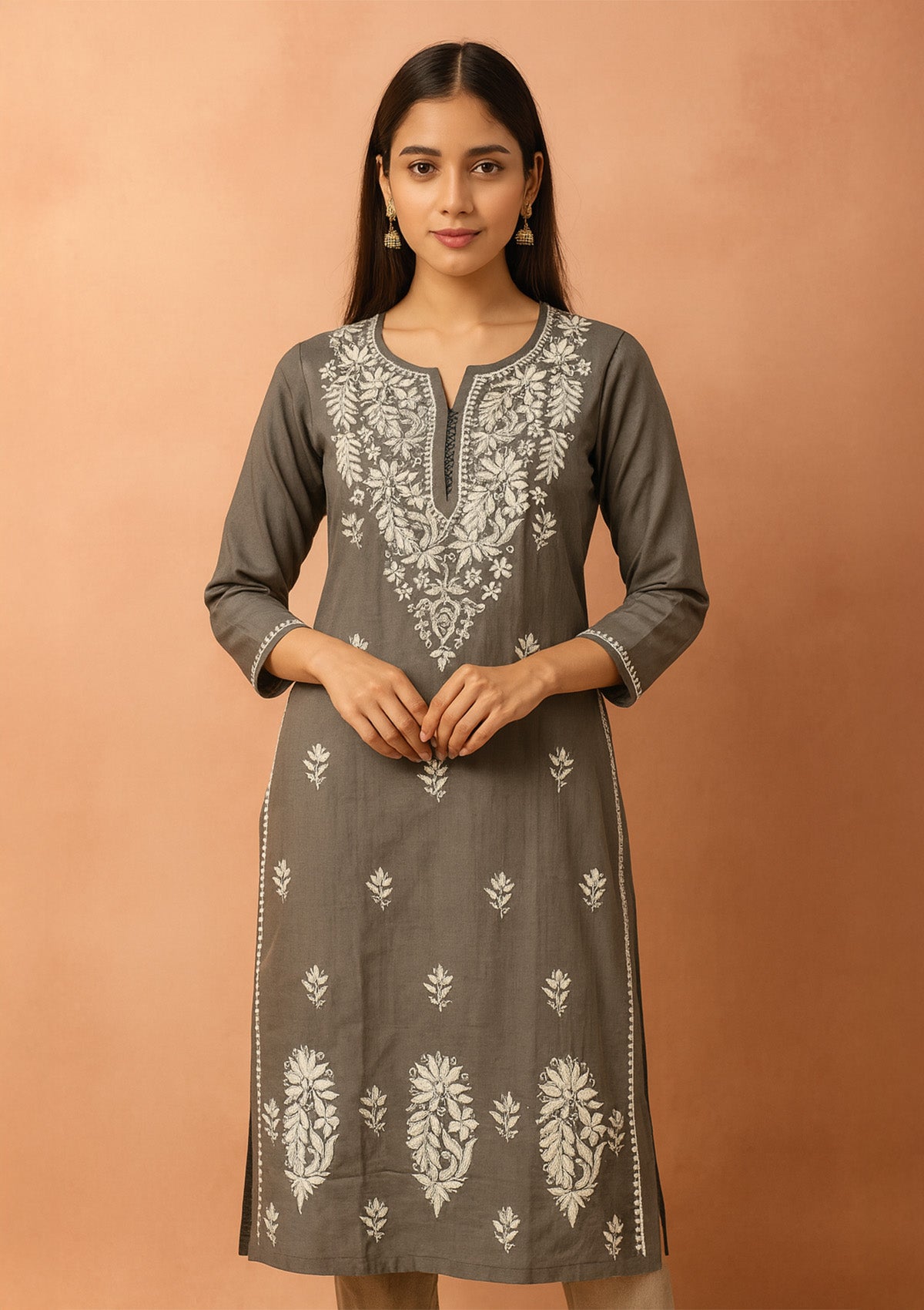 ClothingSutra Chikankari Solid Women’s Long Kurta