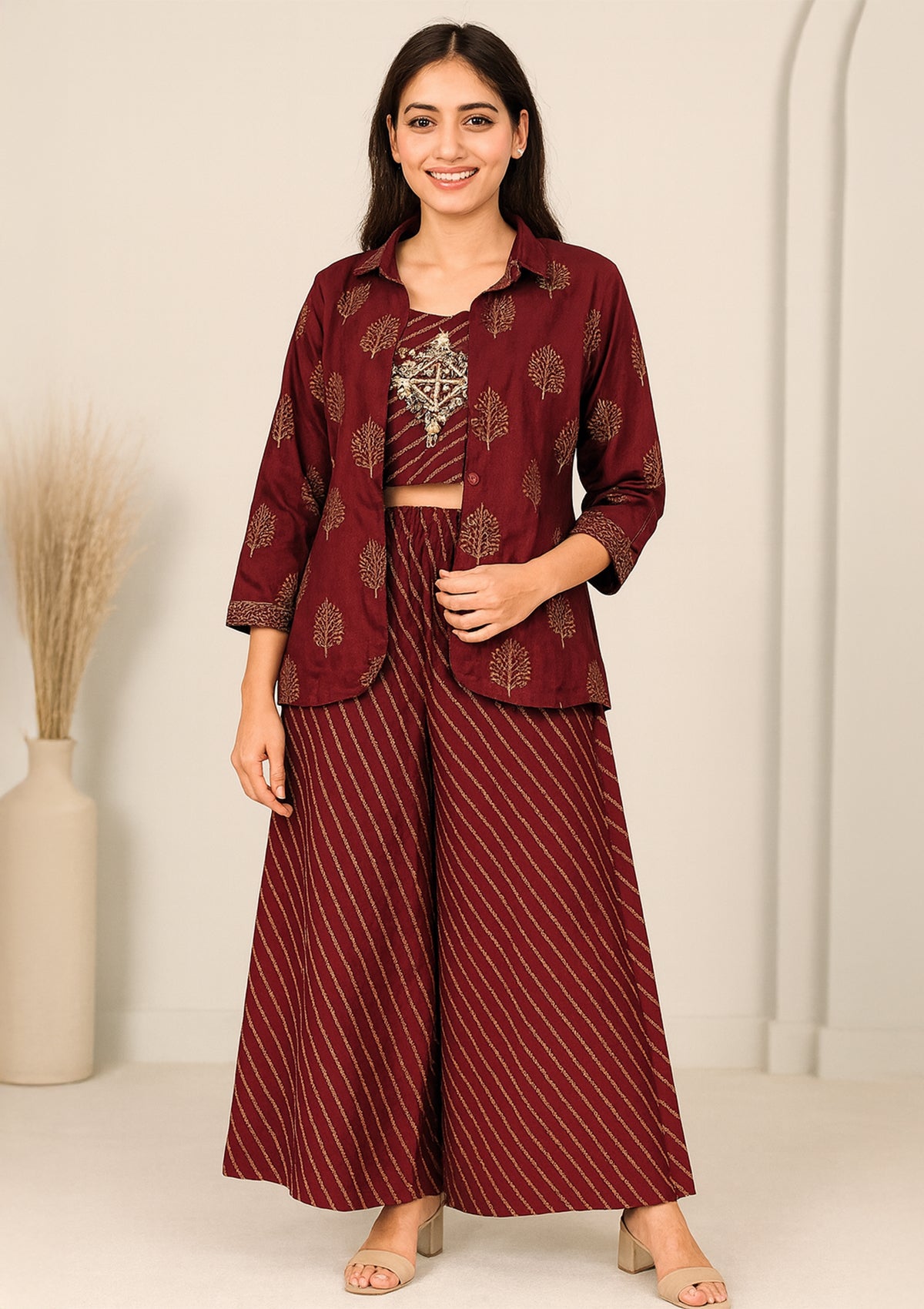 Elegant Maroon Cotton Co-Ord Set for Women - Stylish Festive