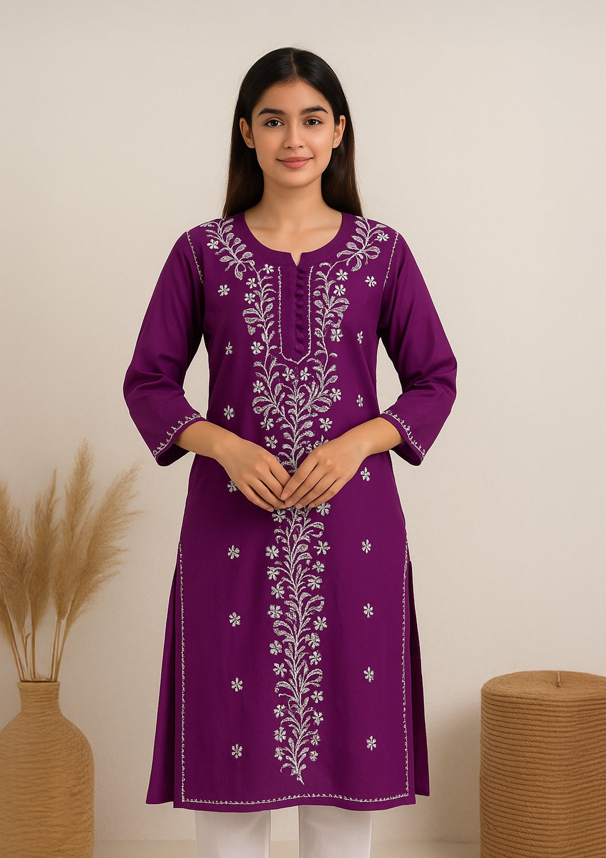 Chikankari Embroidered Women’s Long Kurta – Purple
