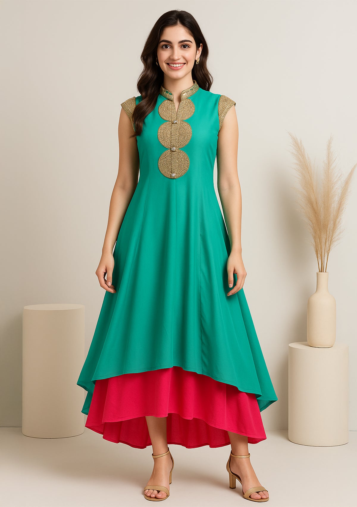 Elegant Green & Pink High-Low Anarkali Gown in Premium Georgette