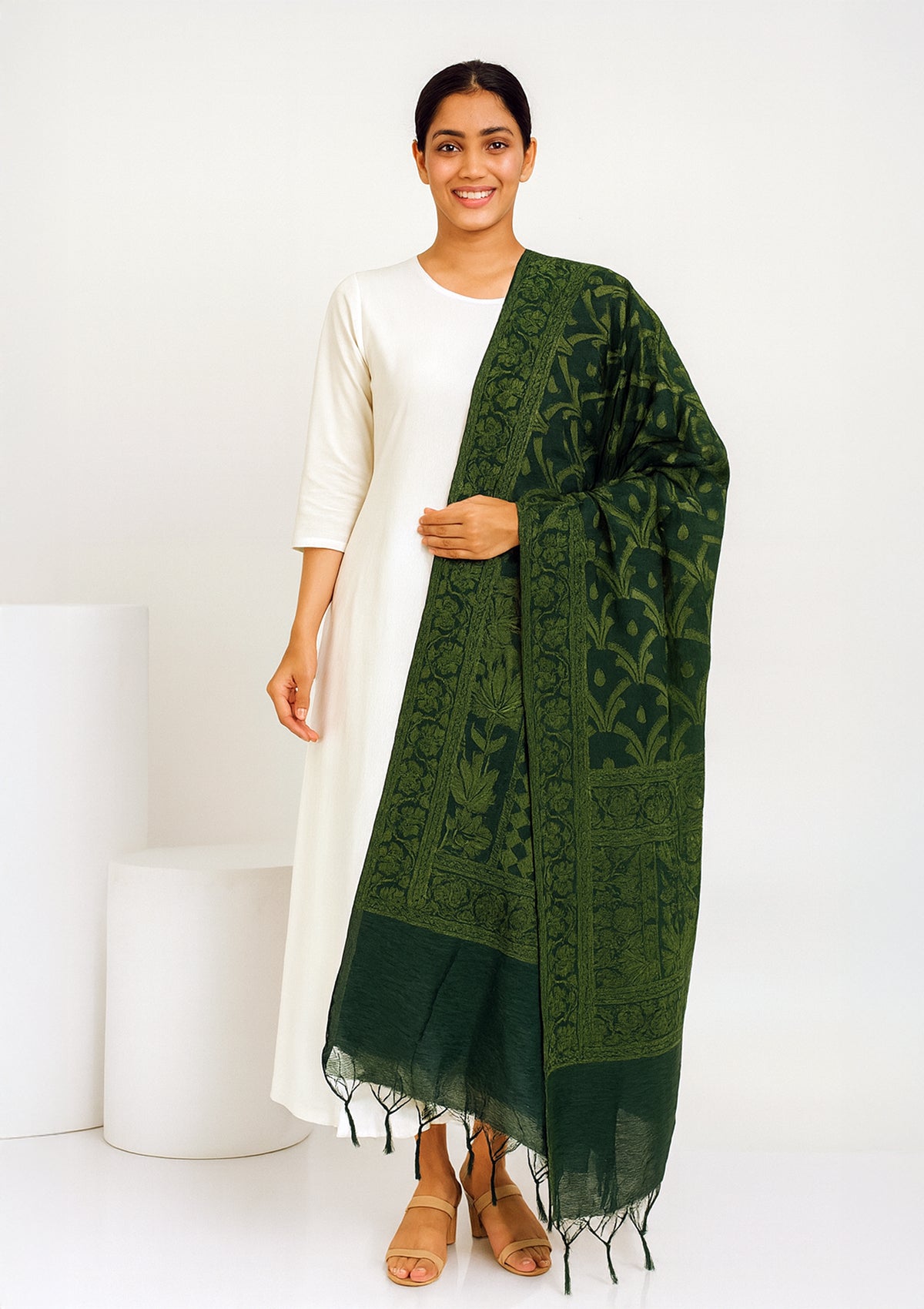 Green Chanderi Silk Dupatta with Traditional Woven Design