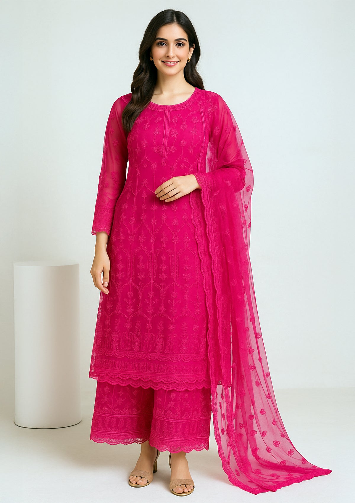 Pink Net Semi Stitched Embroidered Suit with Dupatta