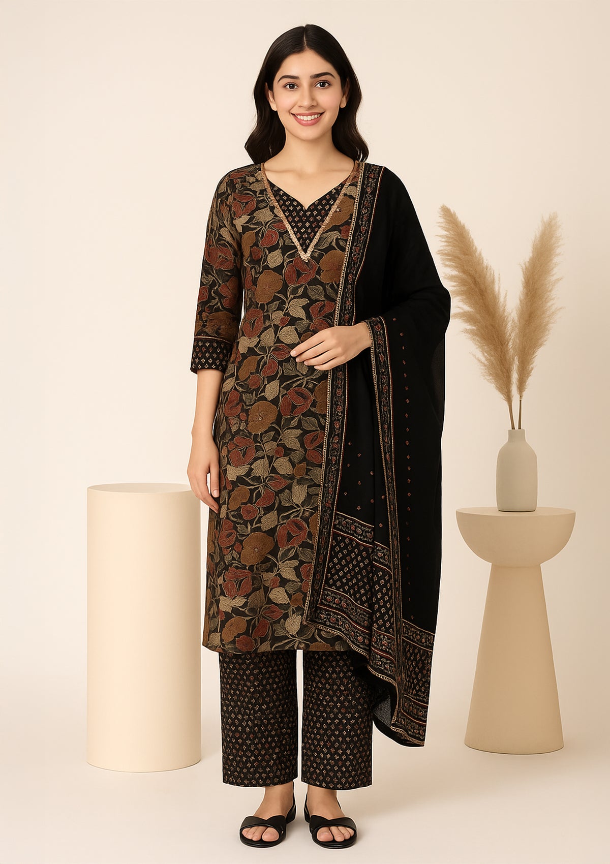 Masleen Fabric Stitched Suit with Intricate Mirror Work
