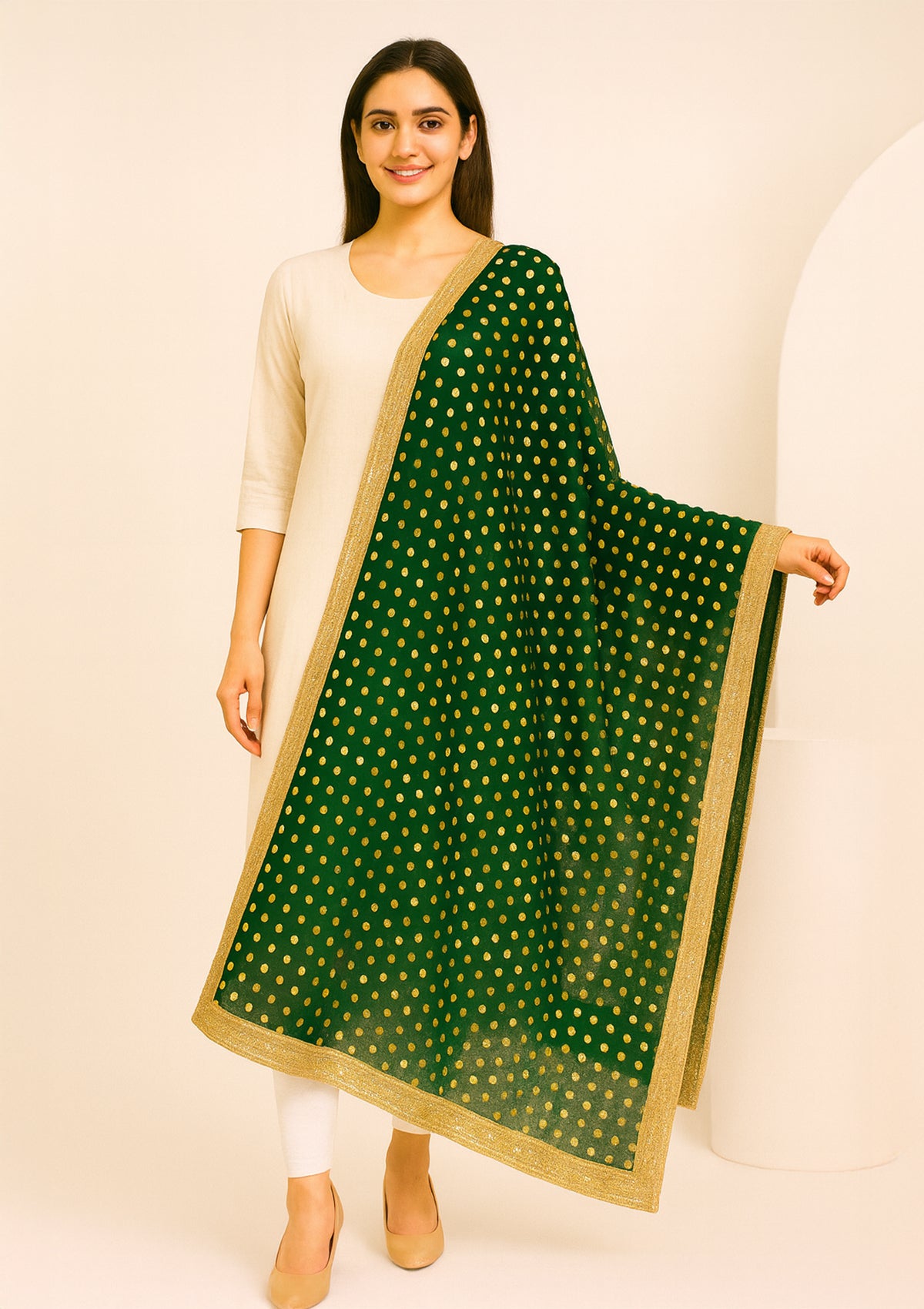 Designer Dark Green Net Fabric Dupatta with Golden Sequin Work
