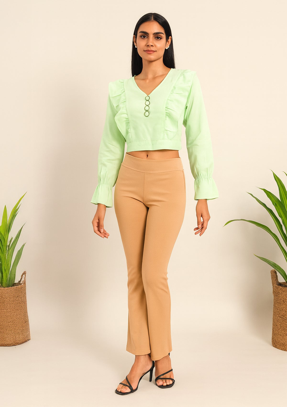 Women’s Light Green Georgette Ruffle Balloon Sleeve Short Top