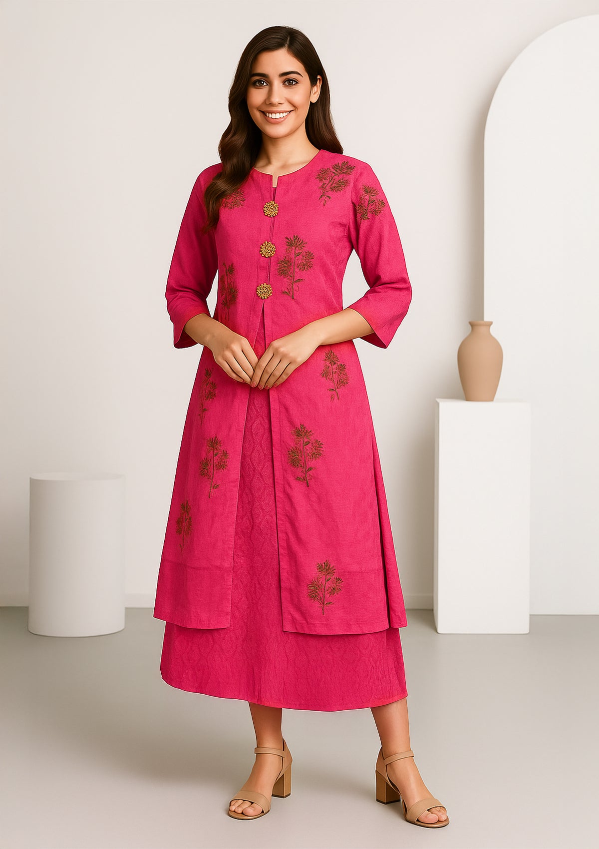 Pink Cotton Gown with Front Open Jacket – XL Size