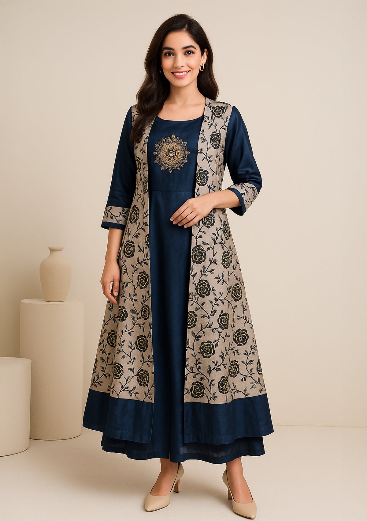 Royal Blue Tafta Silk Dual-Layer Gown with Attached Shrug