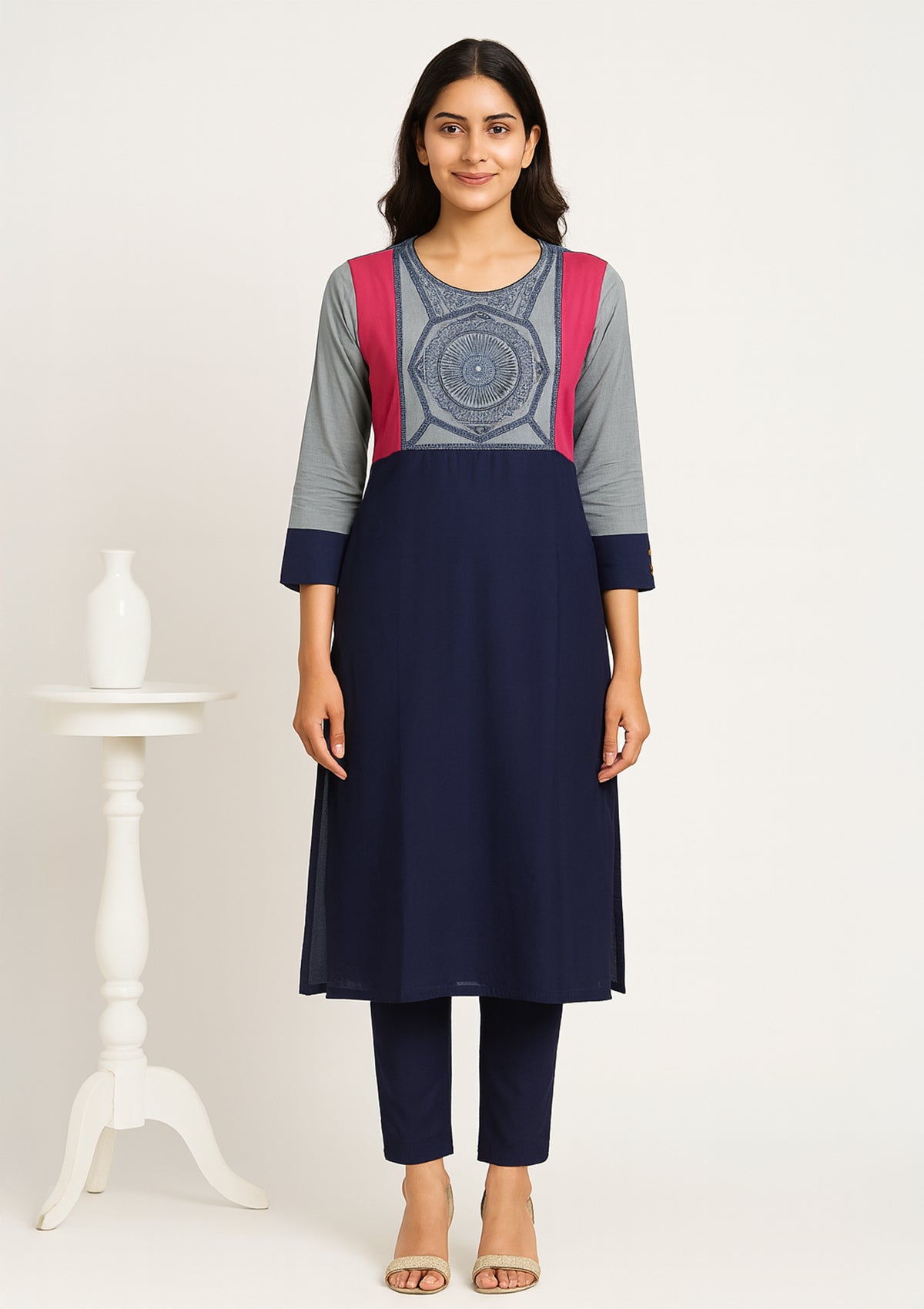 Navy Blue & Grey Rayon Kurti with Pink Panel