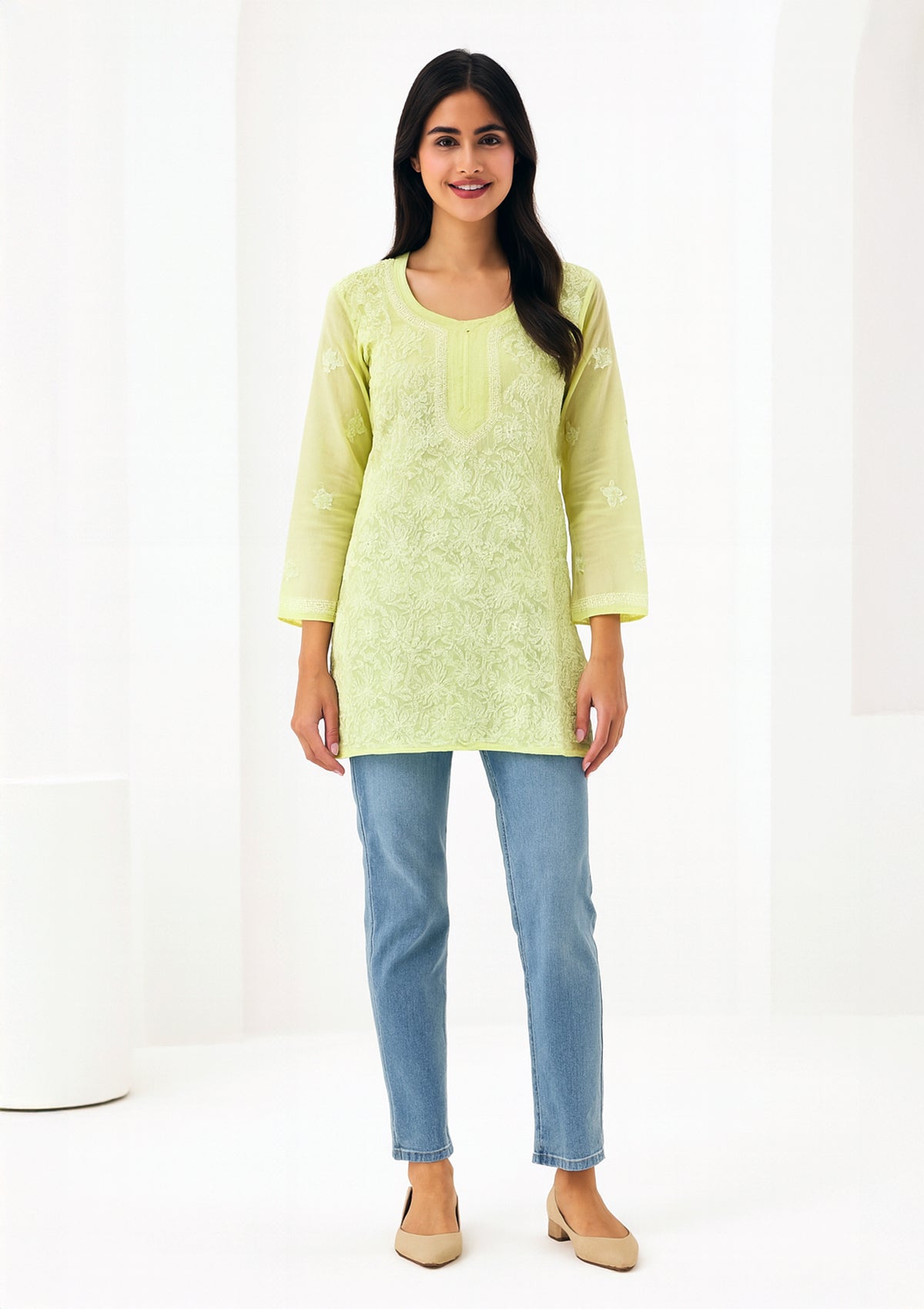 Light Yellow Cotton Short Kurti with Delicate All-Over Embroidery