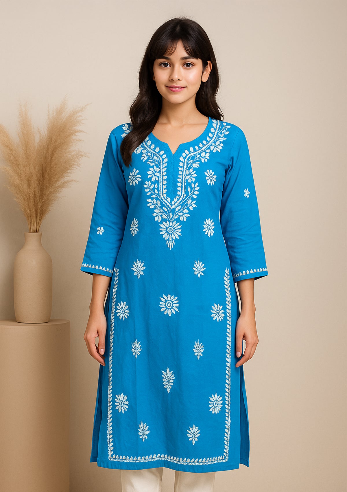 Chikankari Solid Women’s Long Kurta – Blue with White Embroidery