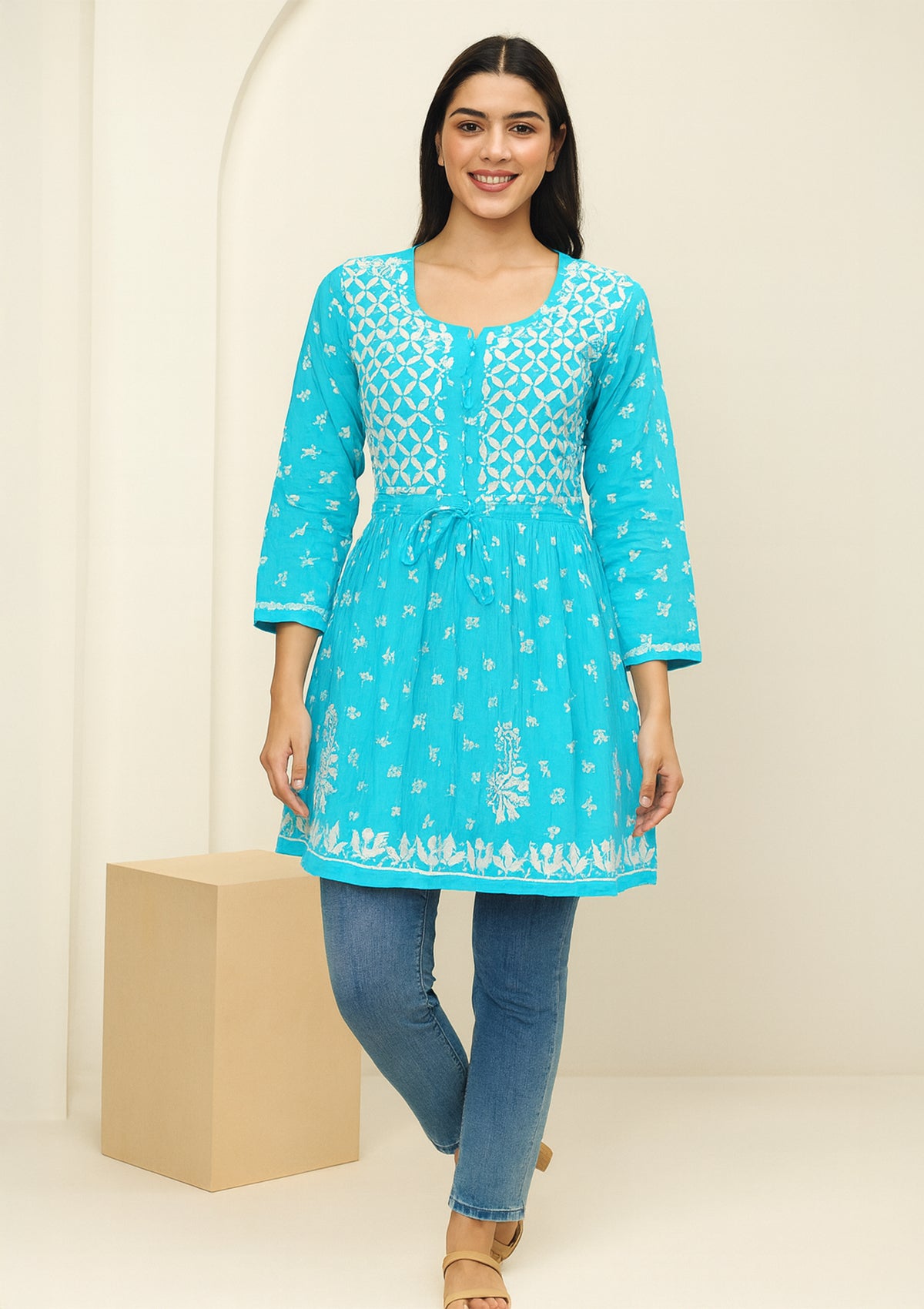 Turquoise Blue Short Kurti with White Chikankari Embroidery